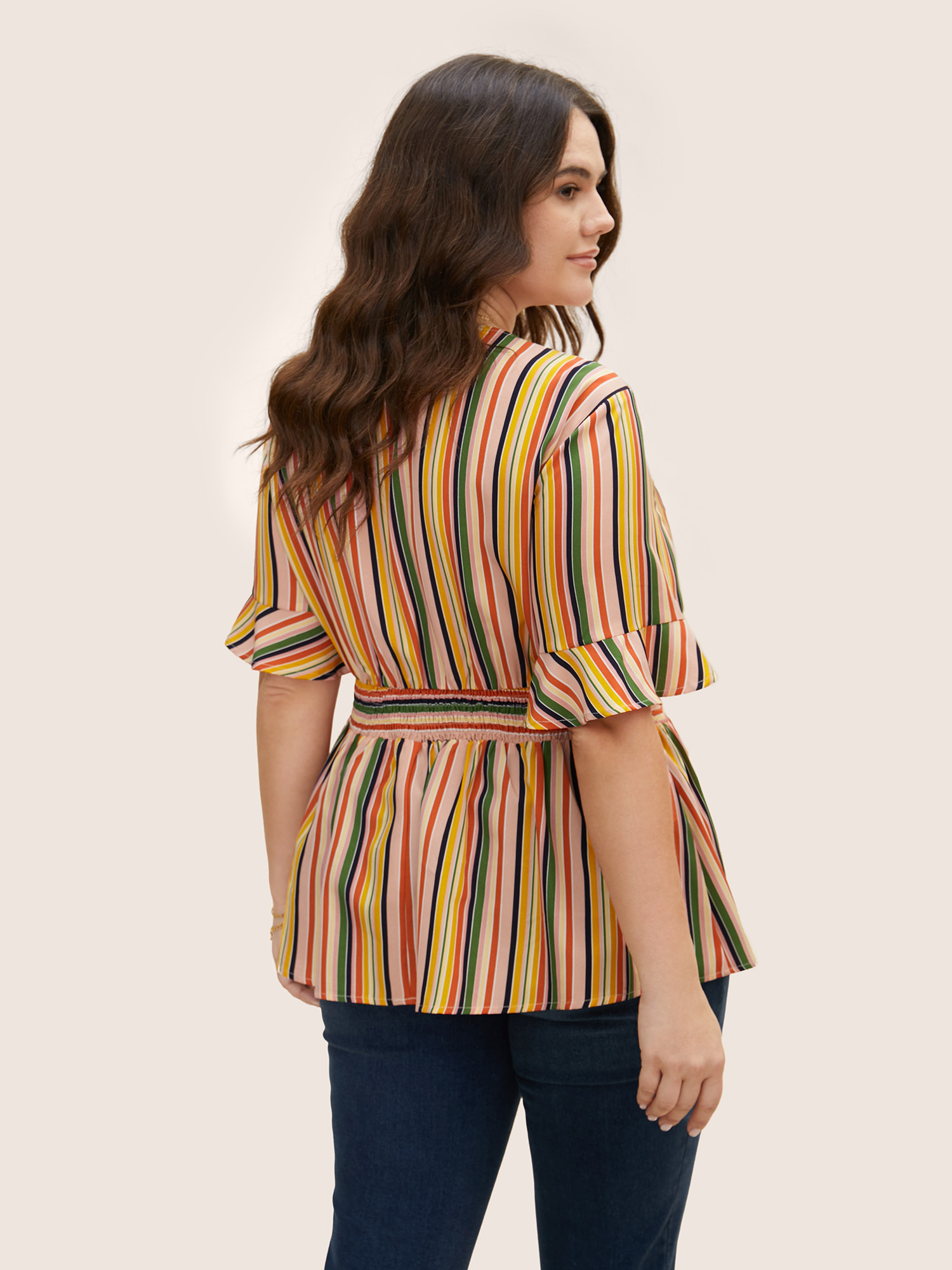 

Plus Size Multicolor Colored Striped Shirred Flutter Sleeve Blouse Women Resort Short sleeve V-neck Vacation Blouses BloomChic