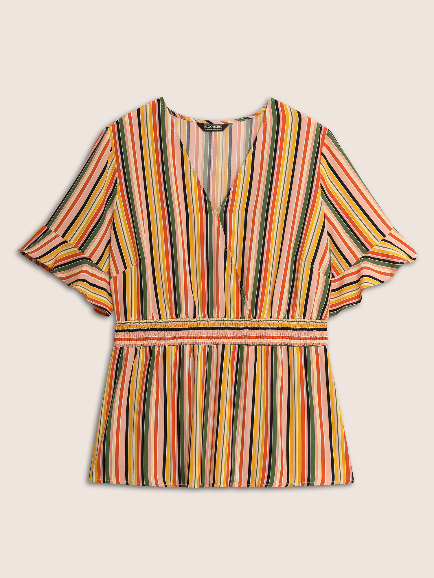 Plus Size Multicolor Colored Striped Shirred Flutter Sleeve Blouse Women Resort Short sleeve V-neck Vacation Blouses BloomChic 22-24/3X 