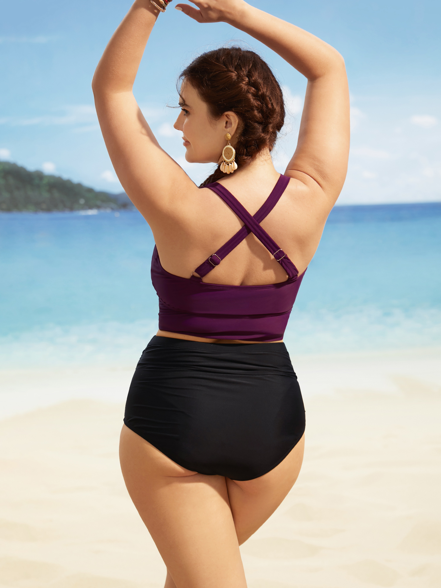 Plus Size Colorblock Contrast Drawstring Gathered Swim Top Women`s Swimwear Deeppurple Beach Gathered High stretch Skinny Heart neckline Curve Swim Tops BloomChic 10/M 