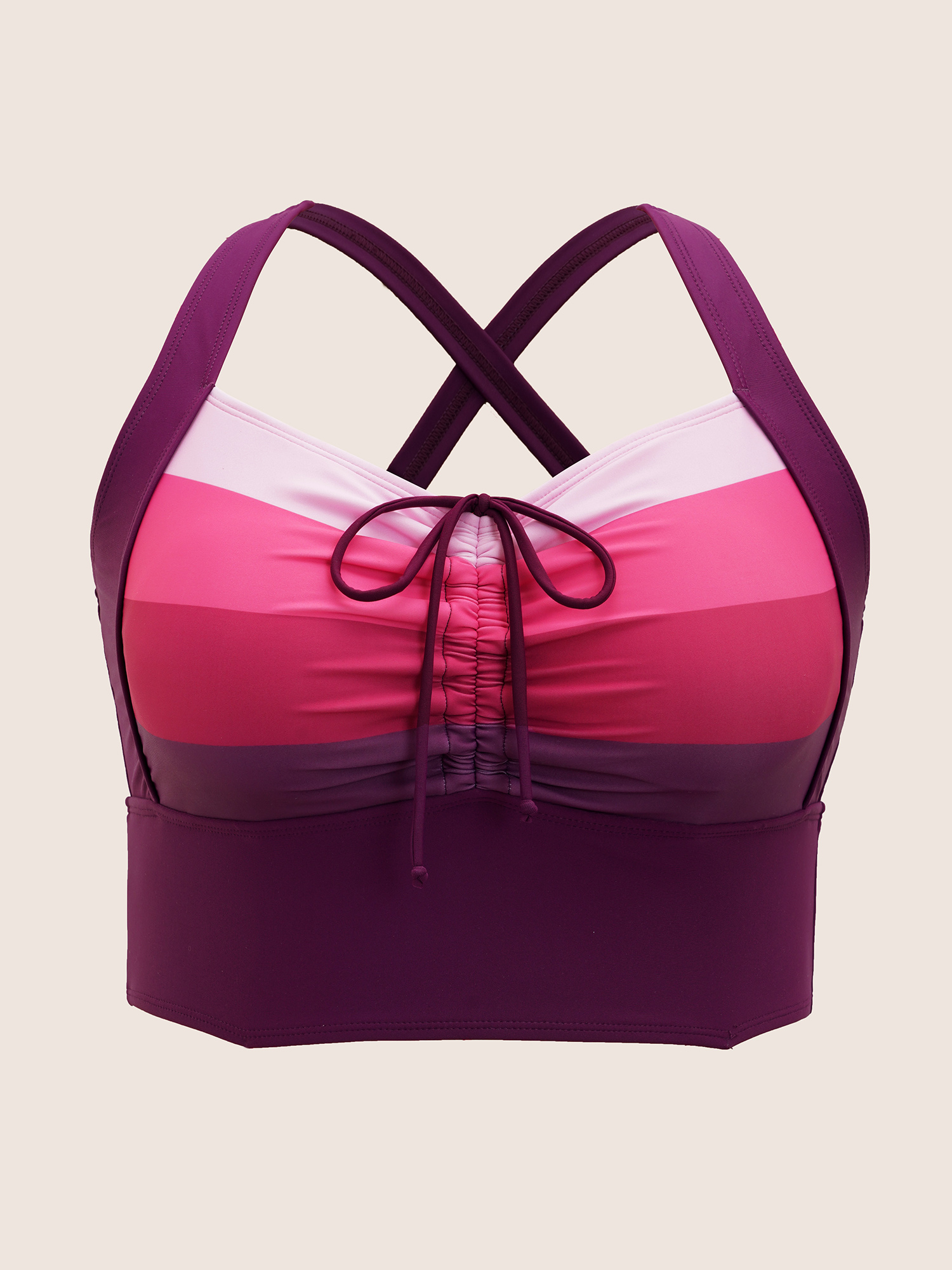 Plus Size Colorblock Contrast Drawstring Gathered Swim Top Women`s Swimwear Deeppurple Beach Gathered High stretch Skinny Heart neckline Curve Swim Tops BloomChic 10/M 