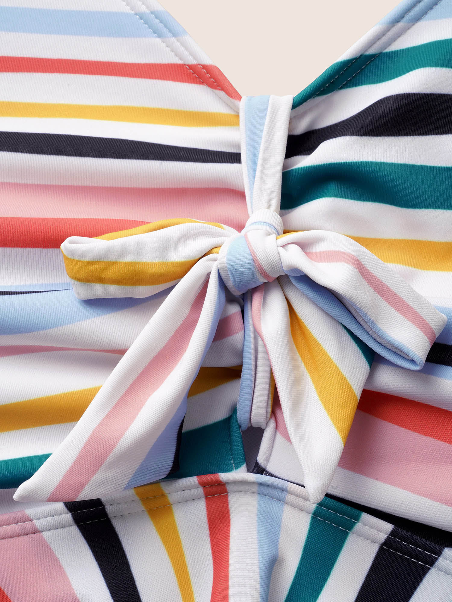 Plus Size Striped Tie Knot Tiered Hem Swim Top Women`s Swimwear Multicolor Beach Gathered High stretch Bodycon V-neck Curve Swim Tops BloomChic 30/6X 