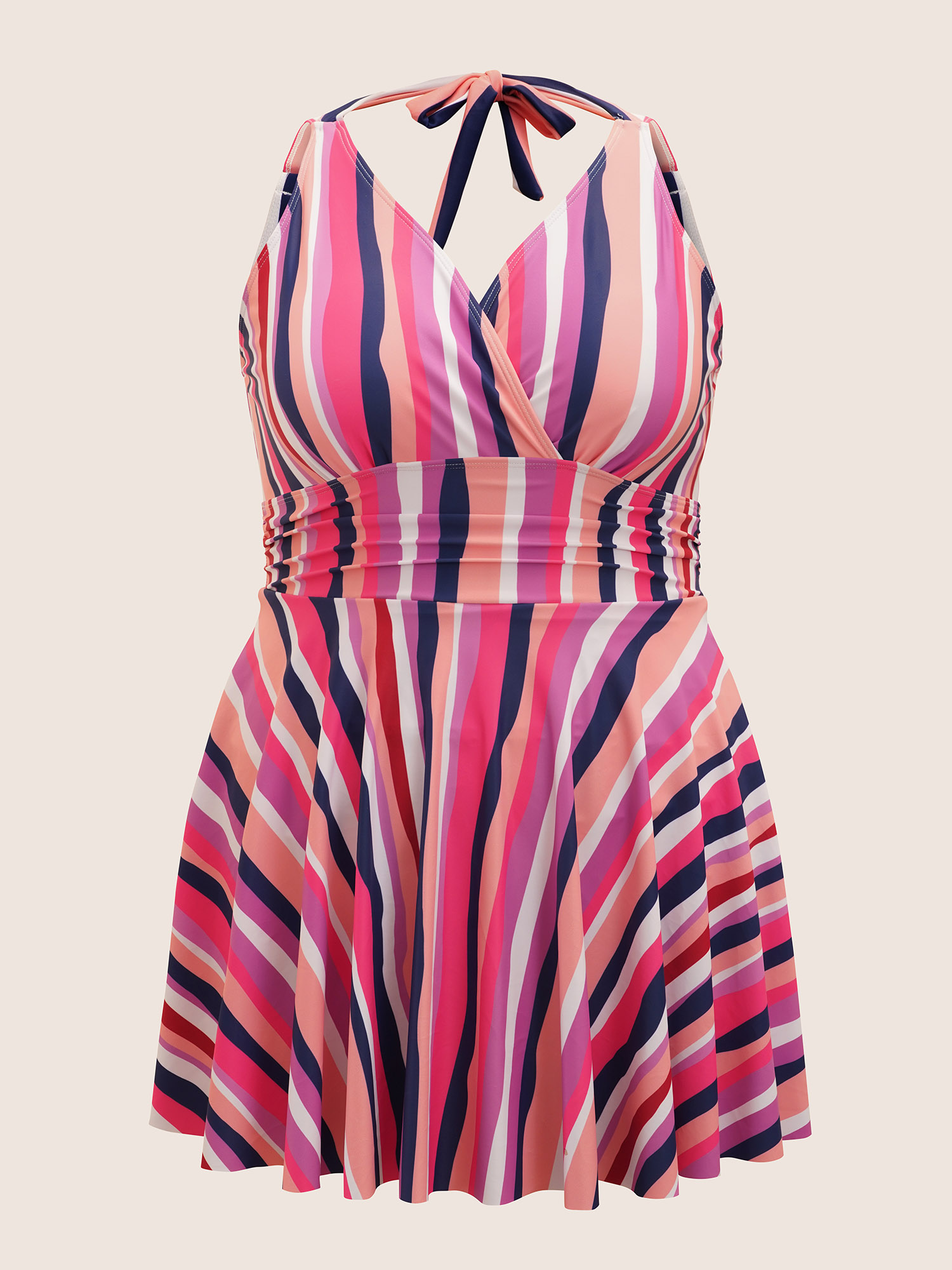 

Plus Size Overlap Collar Striped Tie Knot Swim Dress Women's Swimwear Multicolor Beach Bodycon Overlap Collar High stretch Curve Swim Dresses BloomChic