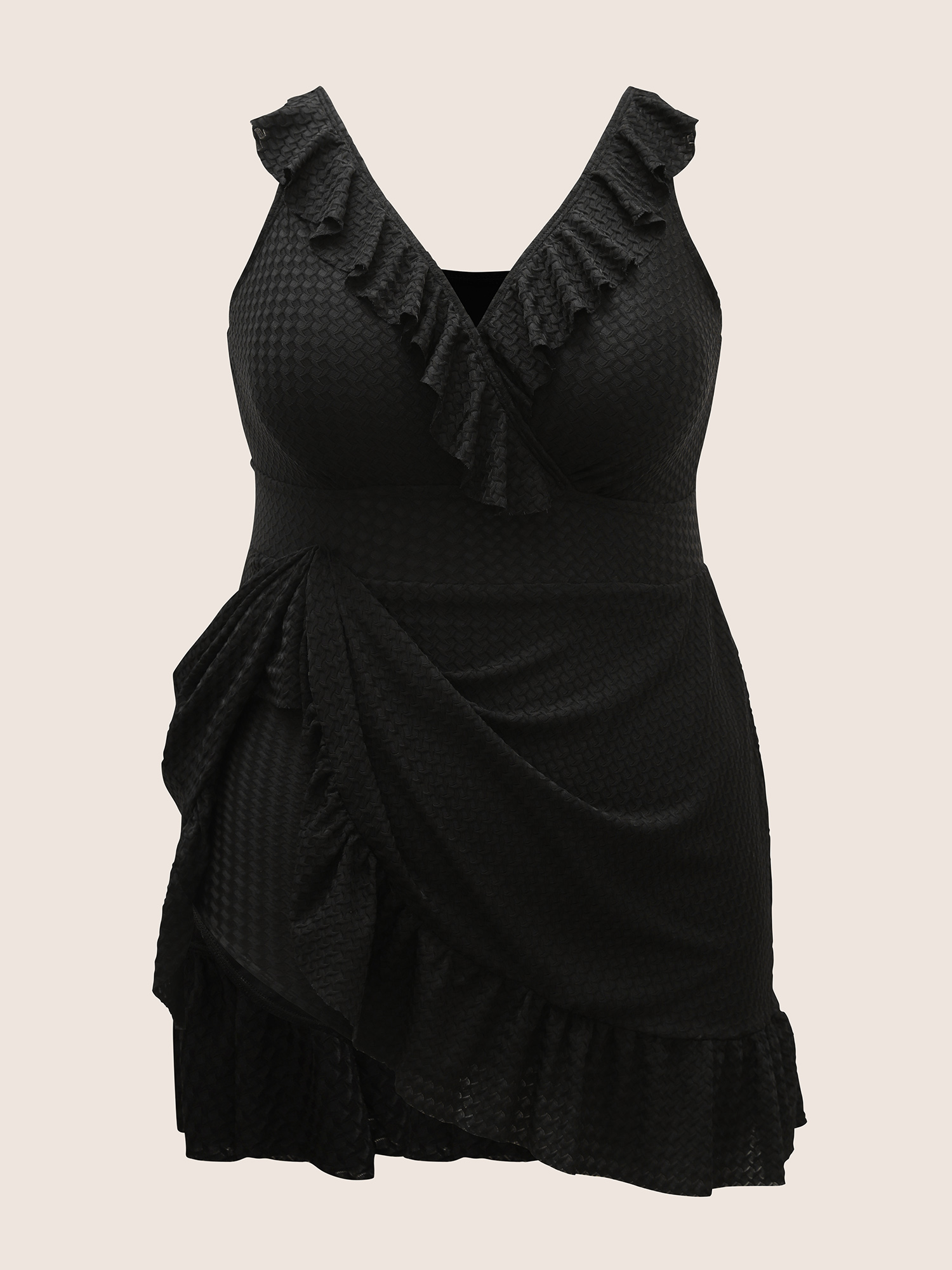 Plus Size V Neck Solid Textured Ruffle Trim Swim Dress Women`s Swimwear Black Beach Bodycon V-neck High stretch Curve Swim Dresses BloomChic 28/5X 