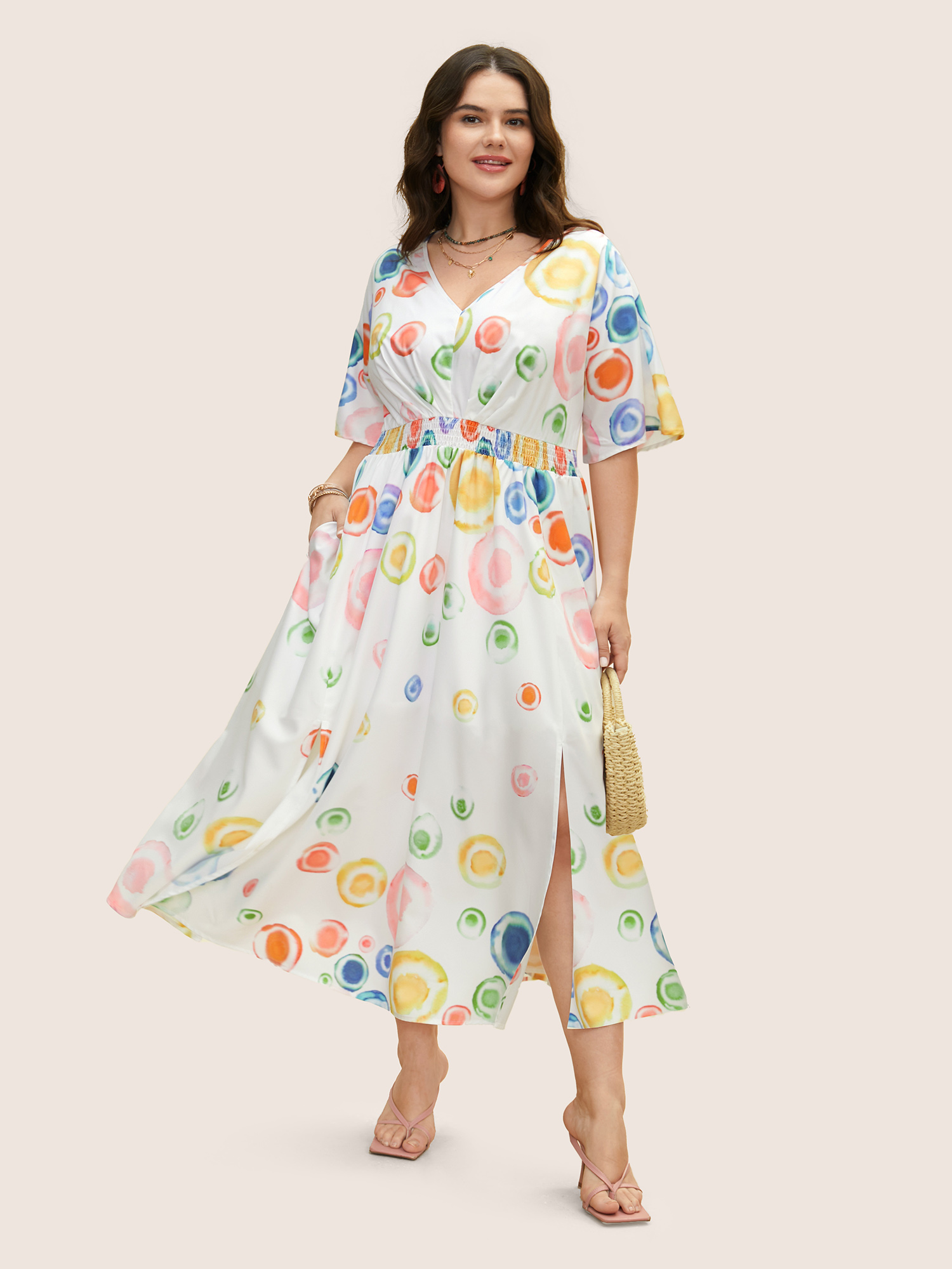 

Plus Size Colored Colorblock Shirred Split Hem Maxi Dress Originalwhite Women Shirred V-neck Short sleeve Curvy BloomChic