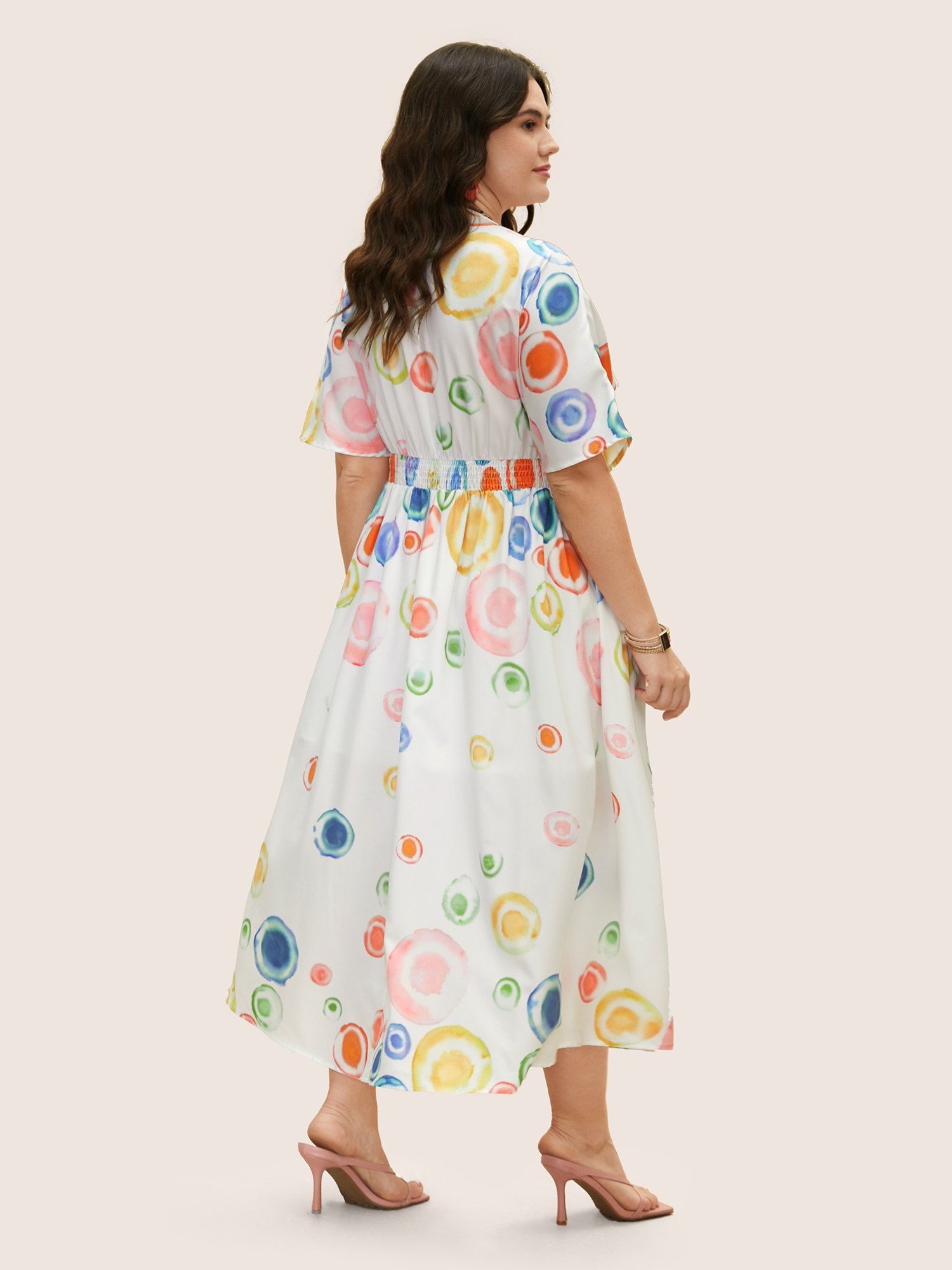 Plus Size Colored Colorblock Shirred Split Hem Maxi Dress Originalwhite Women Resort Shirred V-neck Short sleeve Curvy BloomChic 14-16/1X 