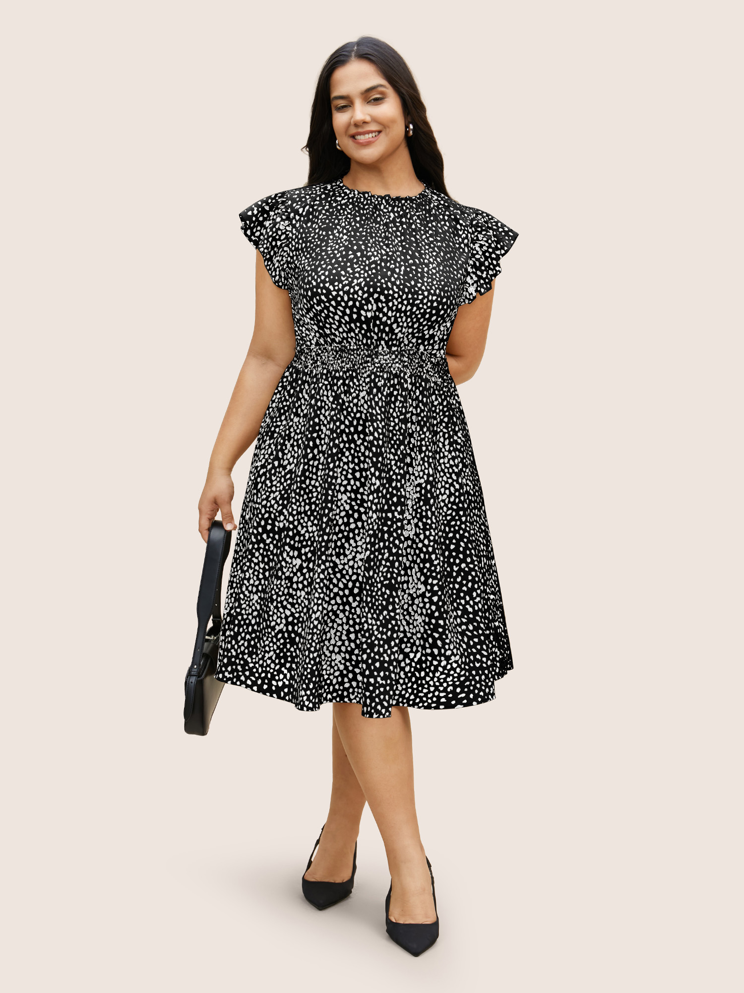 

Plus Size Leopard Print Frill Trim Cap Sleeve Dress Black Women Round Neck Cap Sleeve Curvy BloomChic