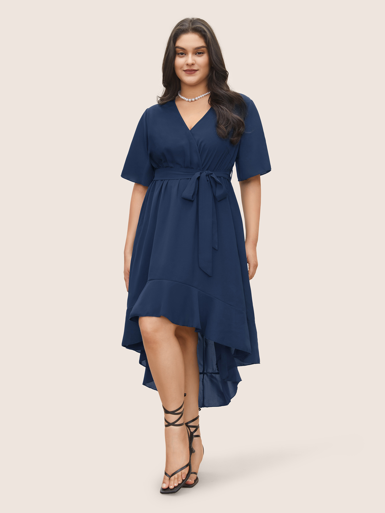 

Plus Size Bloom Dress - Solid Tie Surplice Ruffle High Low Dress DarkBlue Women Elegant Cross straps V-neck Short sleeve Curvy Midi Dress BloomChic