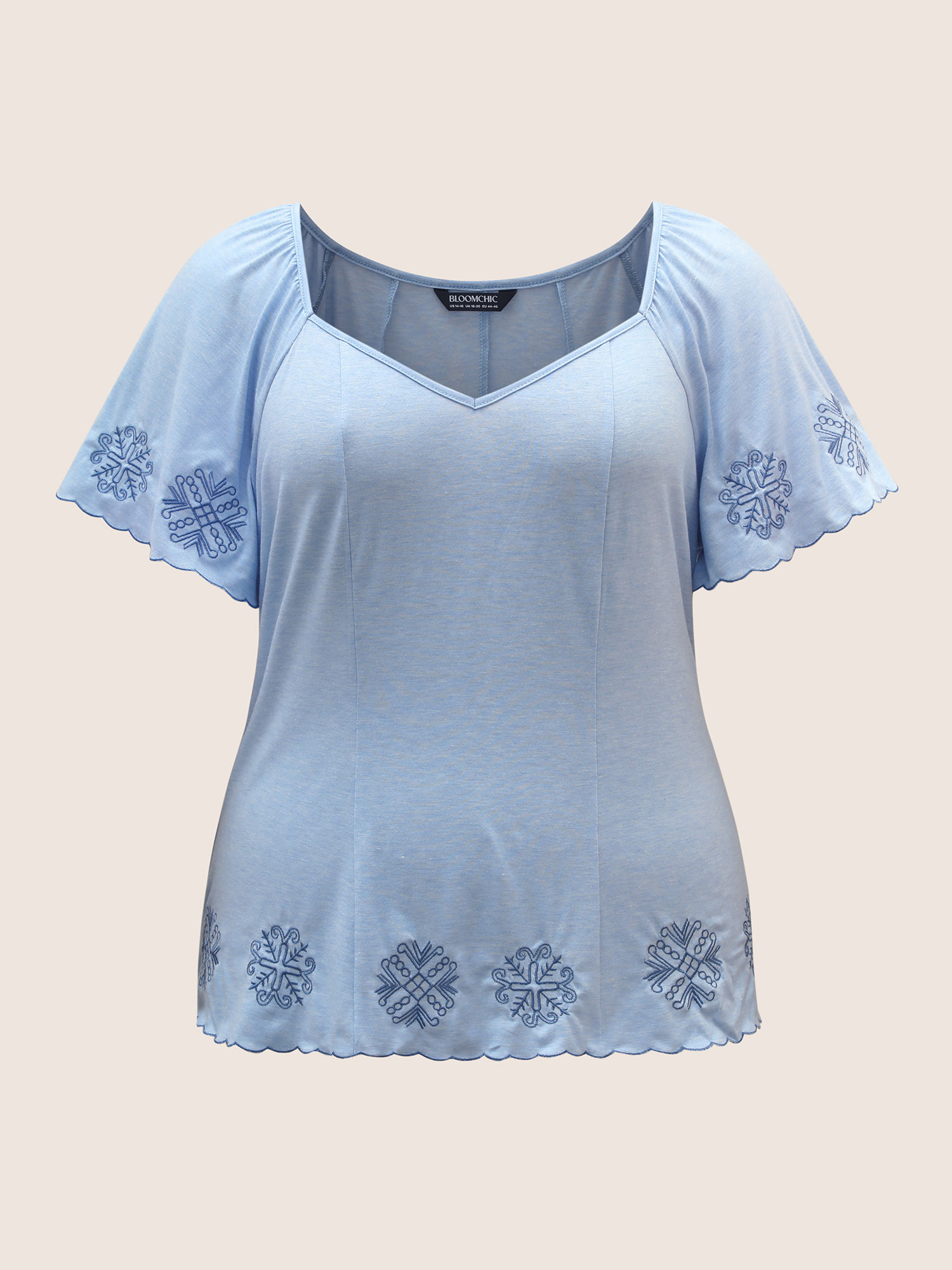 

Plus Size Bandana Floral Embroidered Ruffle Sleeve T-shirt LightBlue Women Resort Embroidered Heart neckline Vacation T-shirts BloomChic