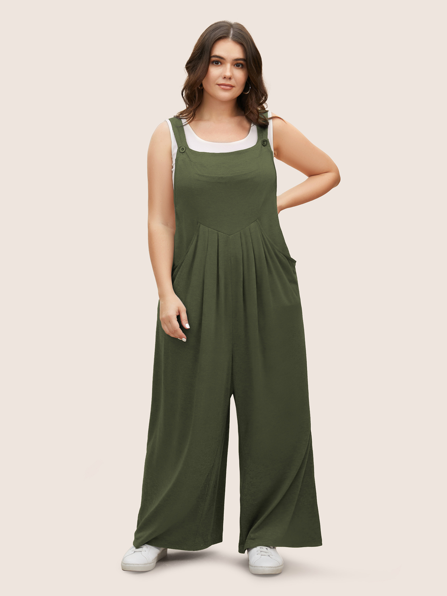 

Plus Size ArmyGreen Supersoft Essentials Solid Pleated Pocket Jumpsuit Women Casual Sleeveless Non Everyday Loose Jumpsuits BloomChic