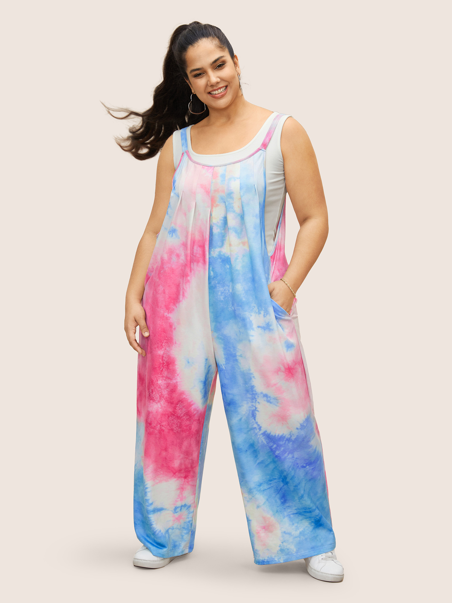 

Plus Size Peach U Neck Tie Dye Pocket Pleated Jumpsuit Women Casual Sleeveless U-neck Everyday Loose Jumpsuits BloomChic