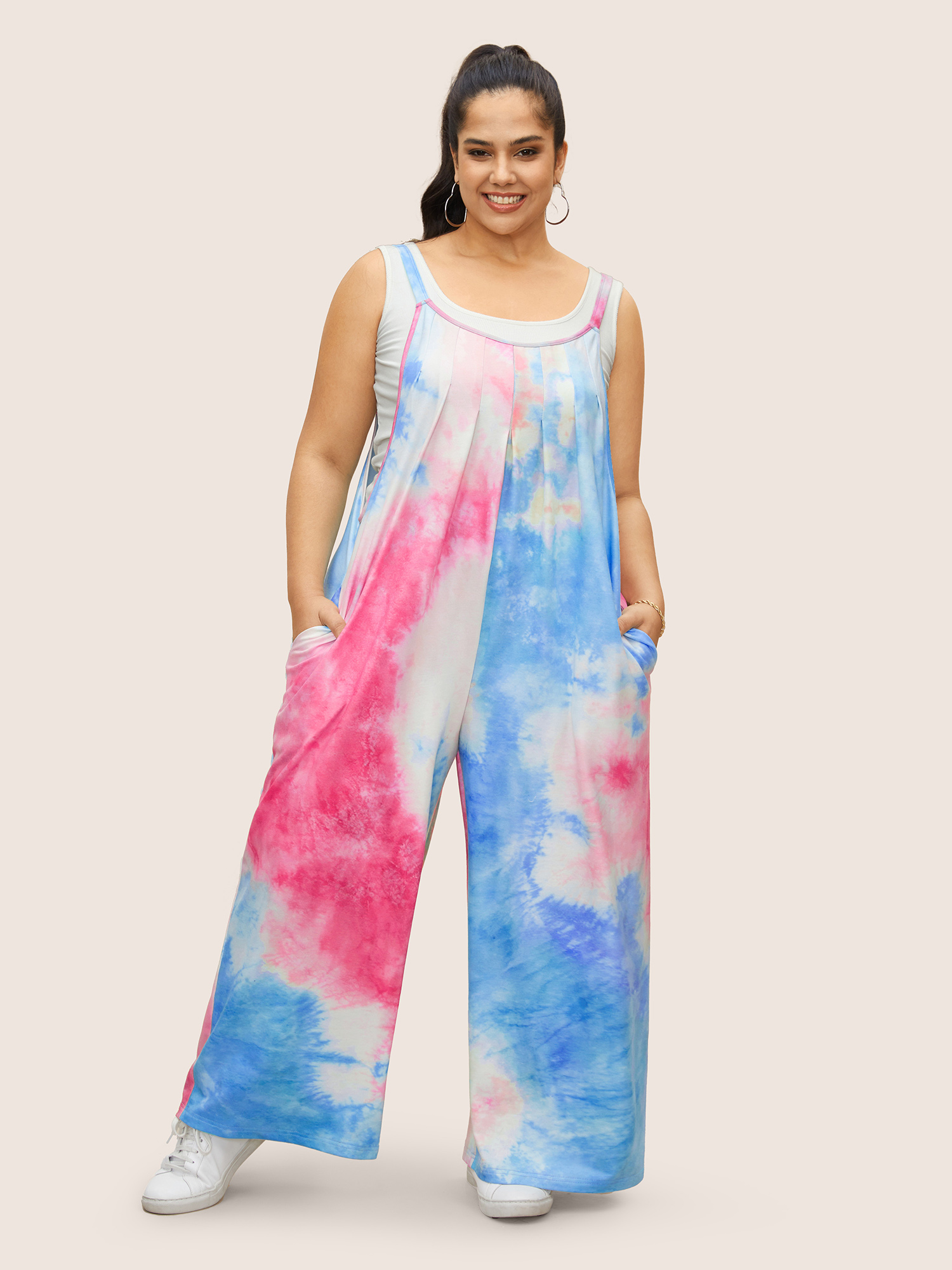 Plus Size Peach U Neck Tie Dye Pocket Pleated Jumpsuit Women Casual Sleeveless U-neck Everyday Loose Jumpsuits BloomChic 30/6X 