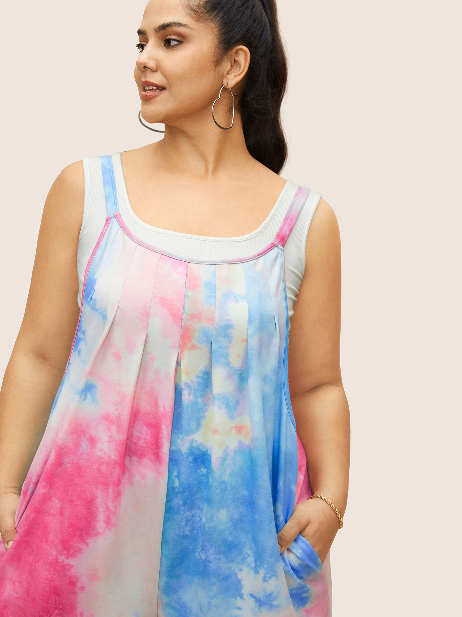Plus Size Peach U Neck Tie Dye Pocket Pleated Jumpsuit Women Casual Sleeveless U-neck Everyday Loose Jumpsuits BloomChic 30/6X 