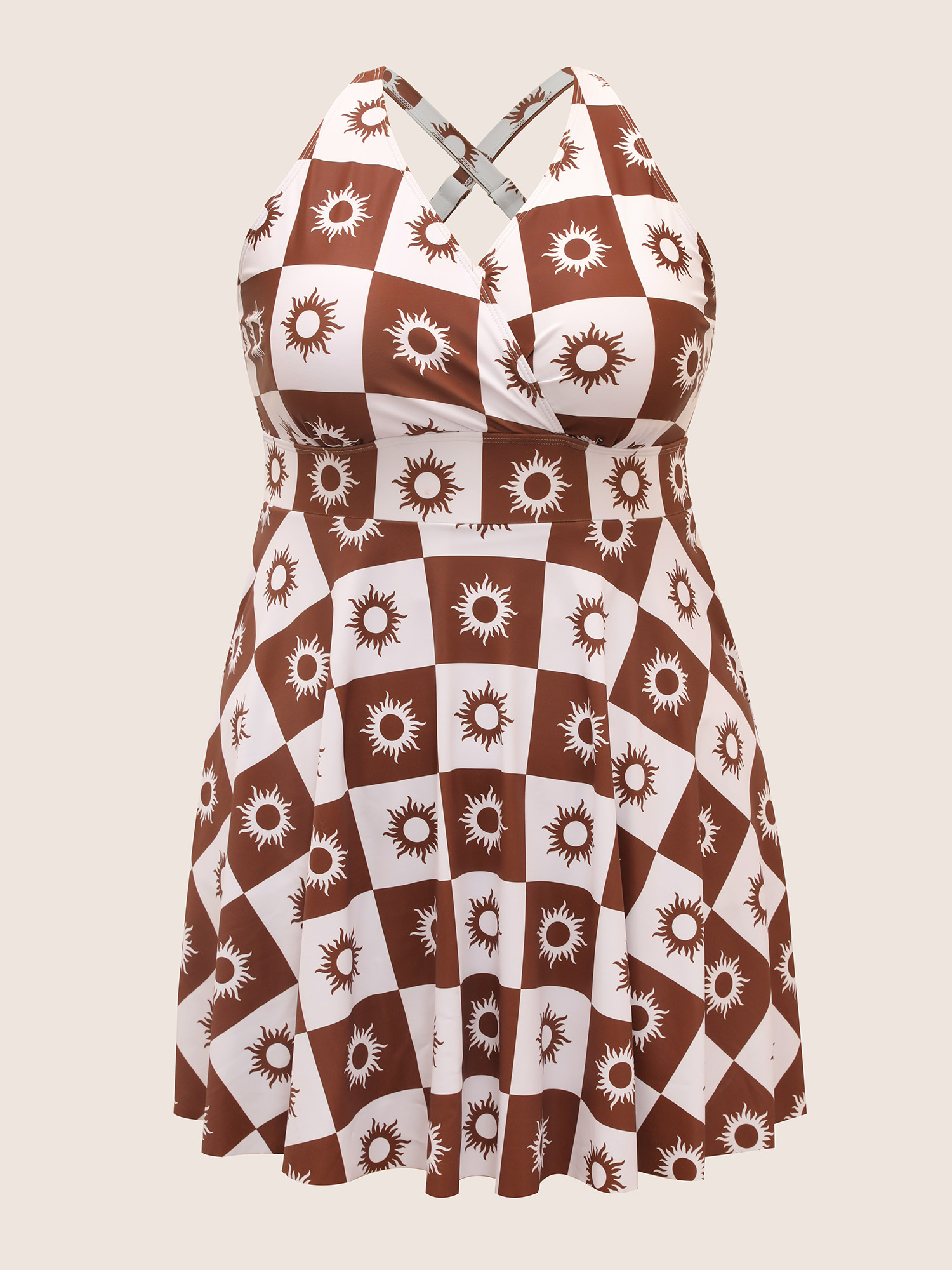 Plus Size Overlap Collar Sun Print Pocket Swim Dress Women`s Swimwear DarkBrown Beach Bodycon Overlap Collar High stretch Curve Swim Dresses BloomChic 22-24/3X 