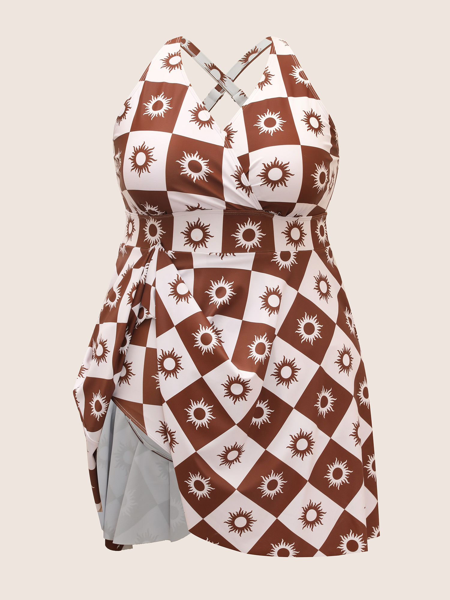 Plus Size Overlap Collar Sun Print Pocket Swim Dress Women`s Swimwear DarkBrown Beach Bodycon Overlap Collar High stretch Curve Swim Dresses BloomChic 22-24/3X 