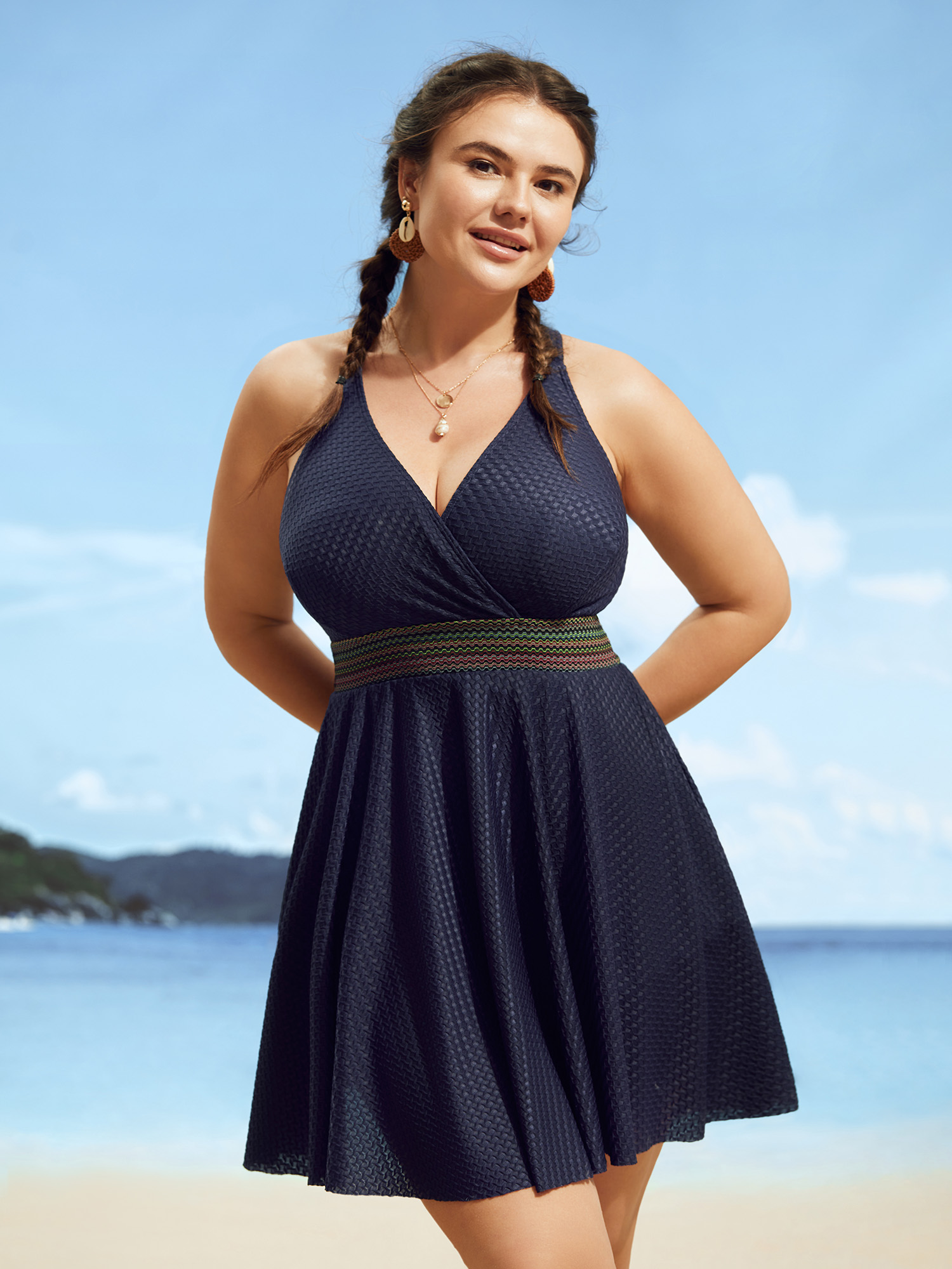 

Plus Size Overlap Collar Textured Gathered Pocket Swim Dress Women's Swimwear Midnight Beach Bodycon Overlap Collar High stretch Curve Swim Dresses BloomChic