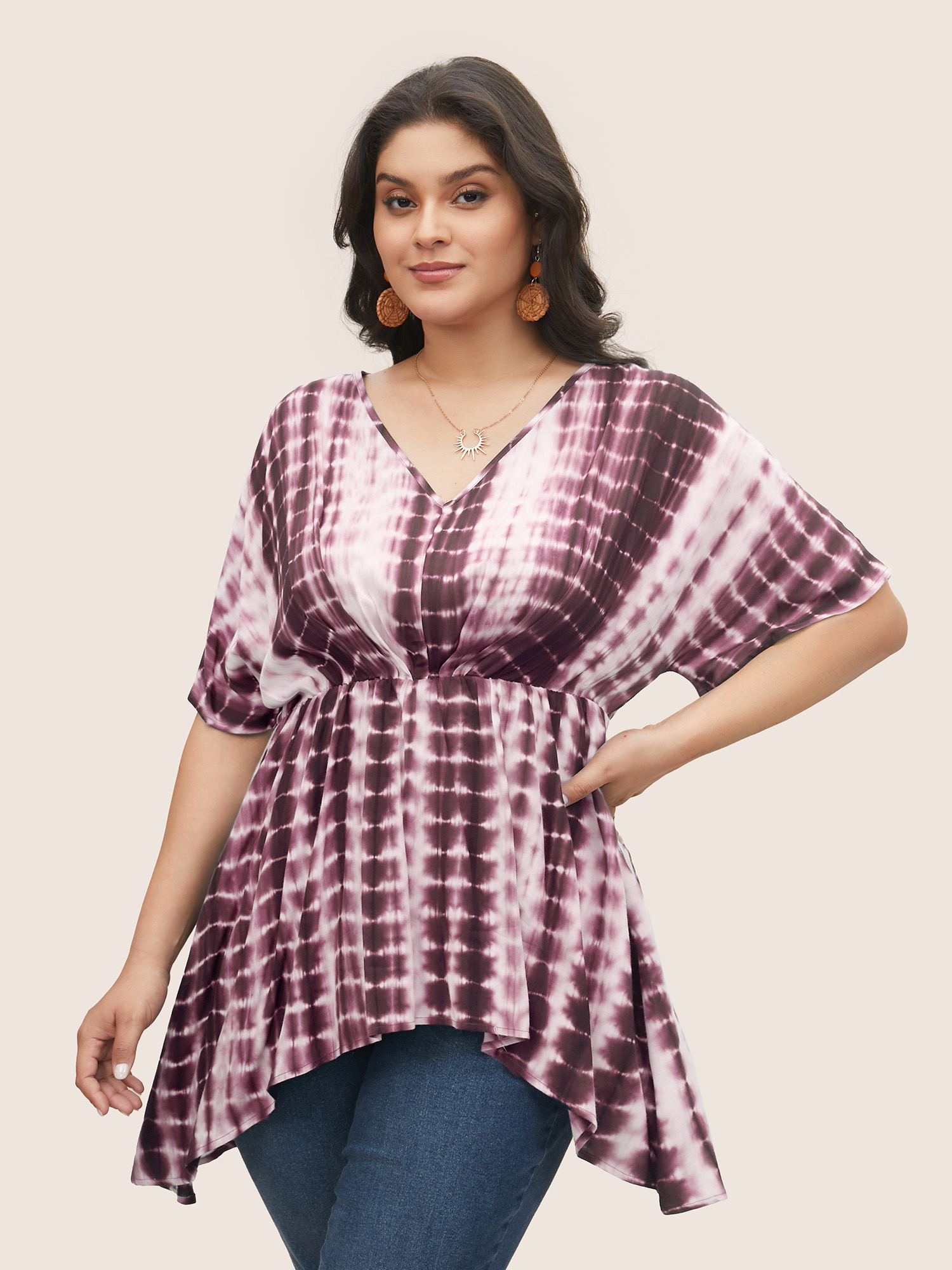 

Plus Size Burgundy Rayon Tie Dye Asymmetrical Hem Blouse Women Resort Half Sleeve V-neck Vacation Blouses BloomChic