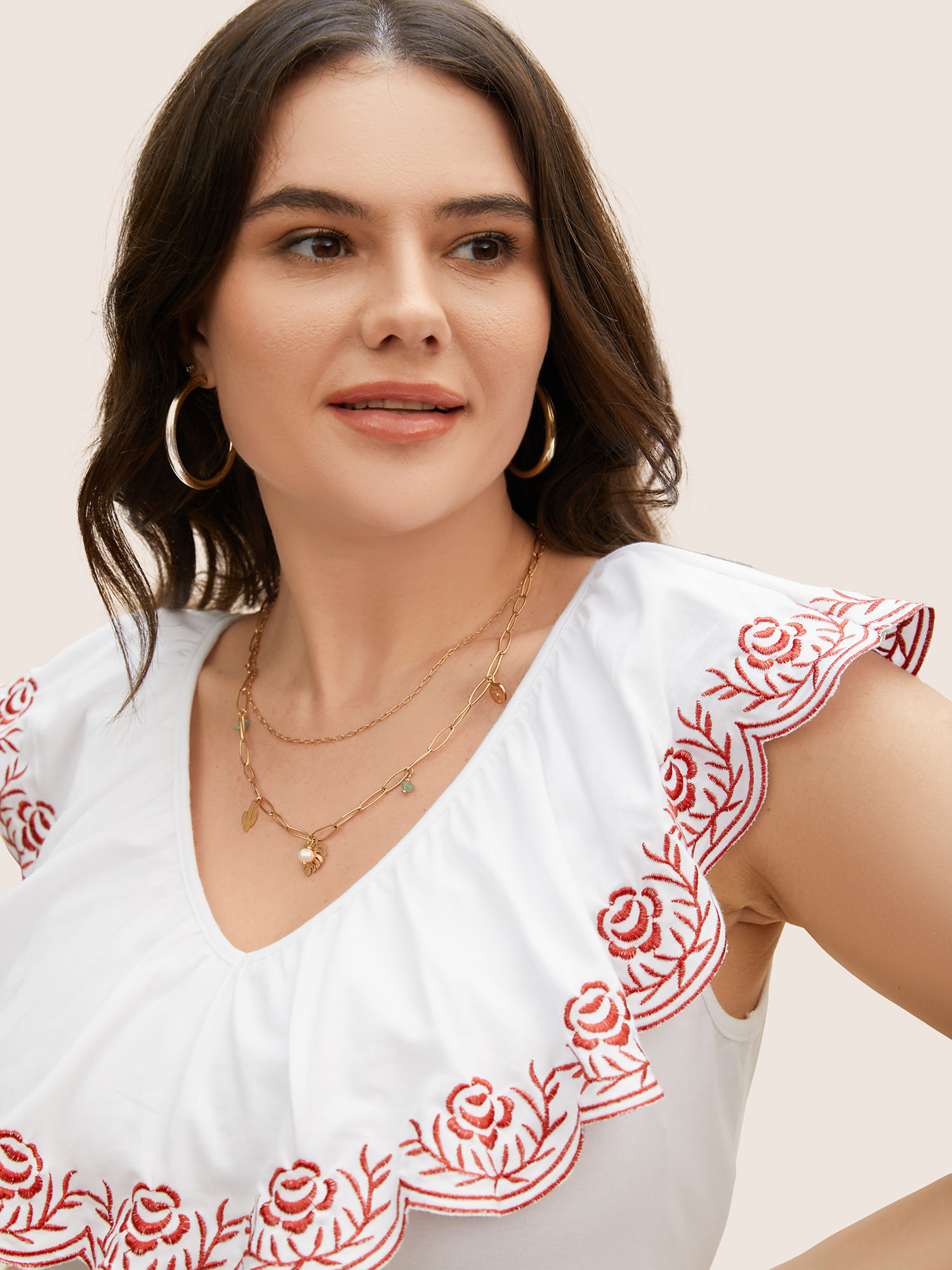 

Plus Size Bandana Floral Embroidered Ruffle Trim Tank Top Women Originalwhite Resort Contrast V-neck Vacation Tank Tops Camis BloomChic