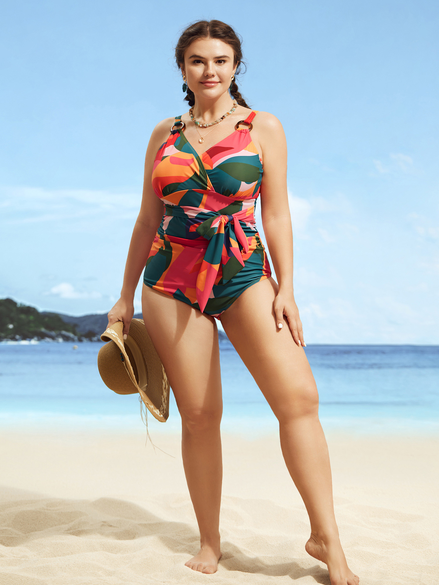 Plus Size Asymmetrical Colorblock Contrast Ties One Piece Swimsuit Women`s Swimwear Multicolor Beach Tie knot Curve Bathing Suits High stretch One Pieces BloomChic 28/5X 