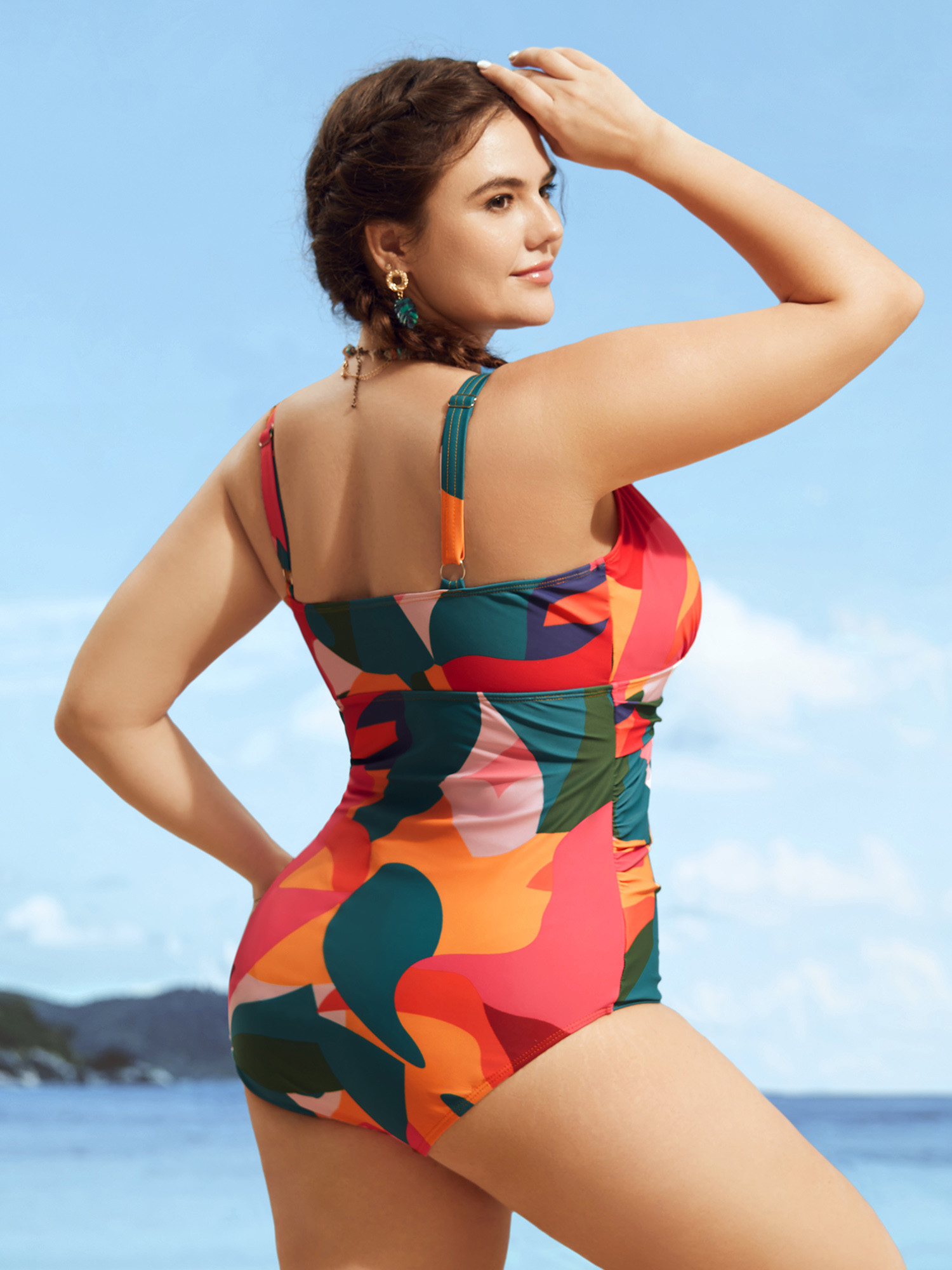 Plus Size Asymmetrical Colorblock Contrast Ties One Piece Swimsuit Women`s Swimwear Multicolor Beach Tie knot Curve Bathing Suits High stretch One Pieces BloomChic 28/5X 