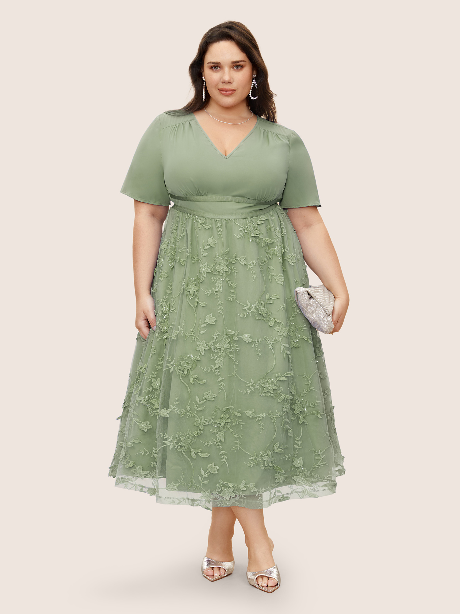 

Plus Size Stereo Floral Embroidered Patchwork Mesh Dress Sage Women Pleated V-neck Short sleeve Curvy BloomChic