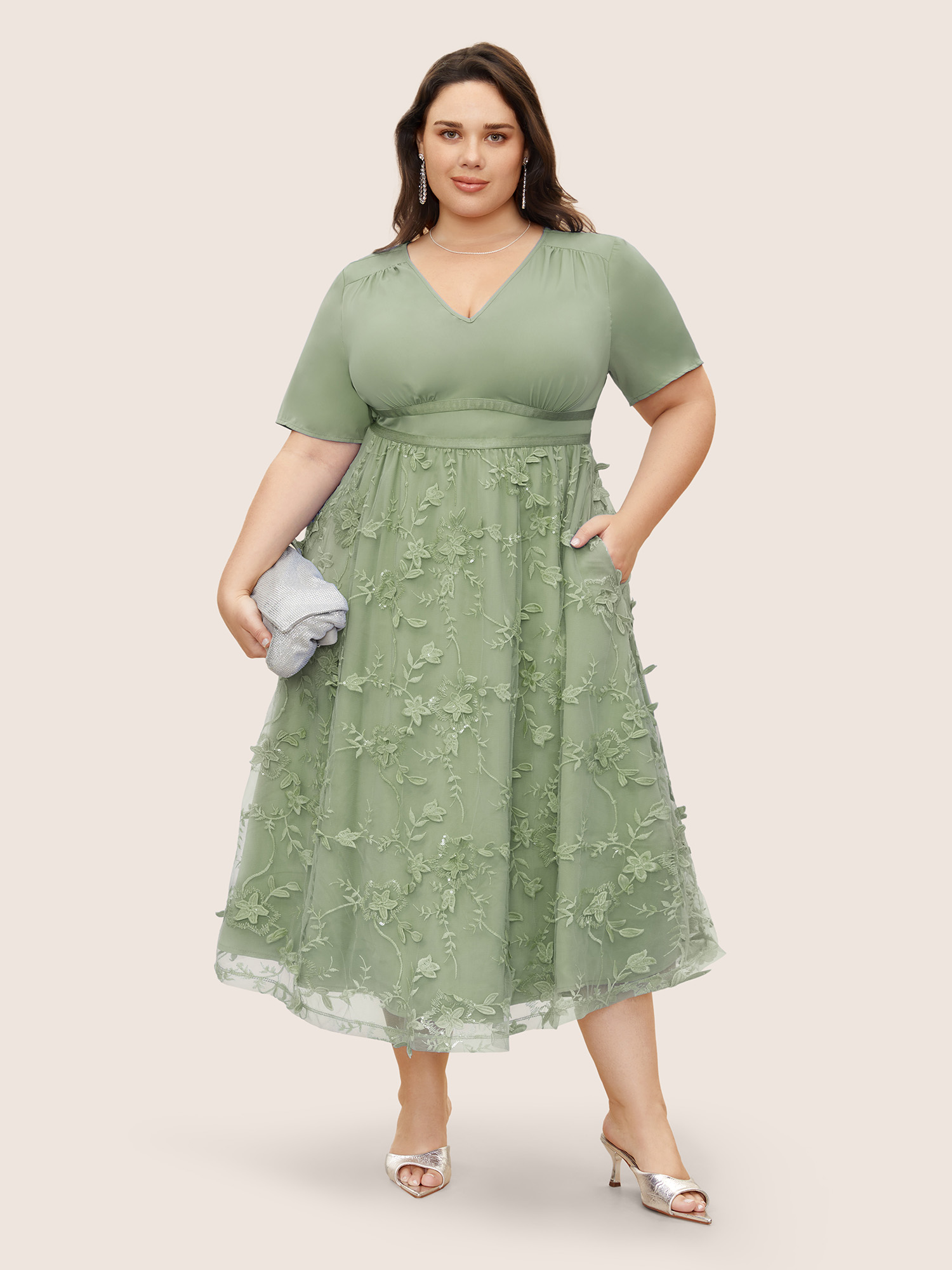 

Plus Size Stereo Floral Embroidered Patchwork Mesh Dress Sage Women Pleated V-neck Short sleeve Curvy BloomChic