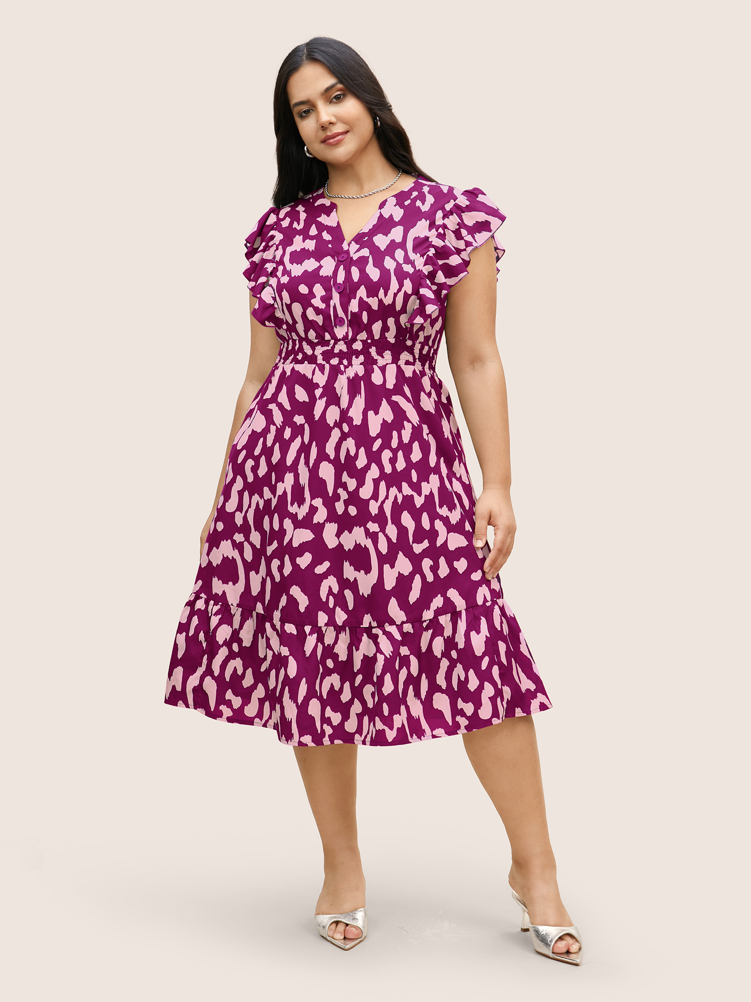 

Plus Size Notched Leopard Print Cap Sleeve Ruffles Dress Deeppurplered Women Notched collar Cap Sleeve Curvy BloomChic