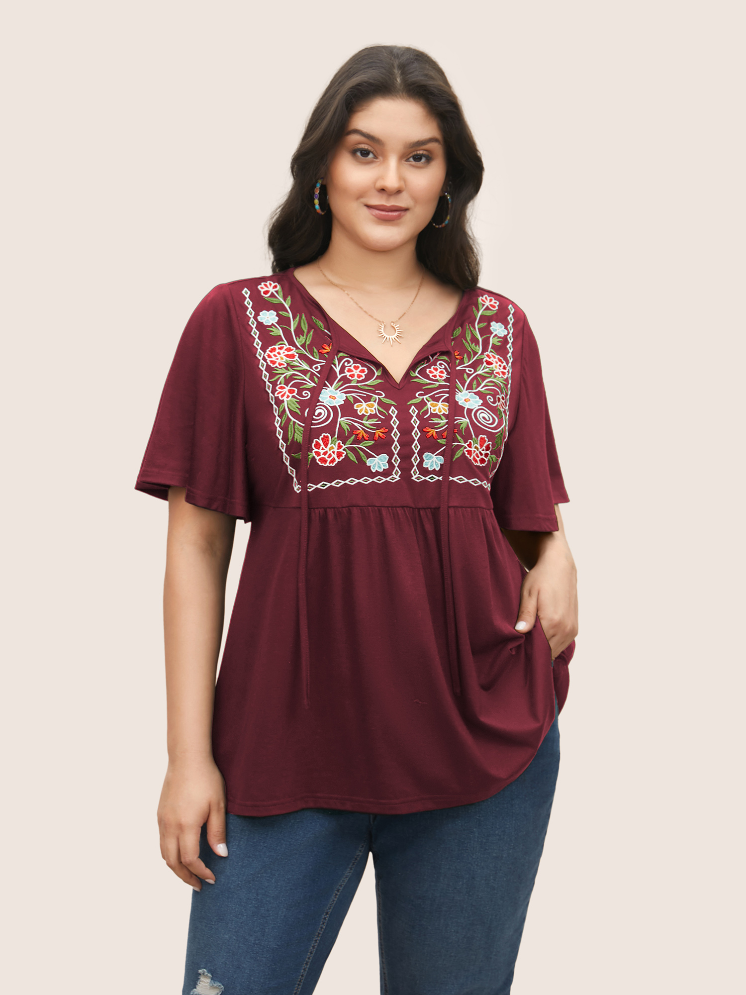 

Plus Size Floral Embroidered Tie Knot Gathered T-shirt Burgundy Women Resort Tie knot Heart neckline Vacation T-shirts BloomChic