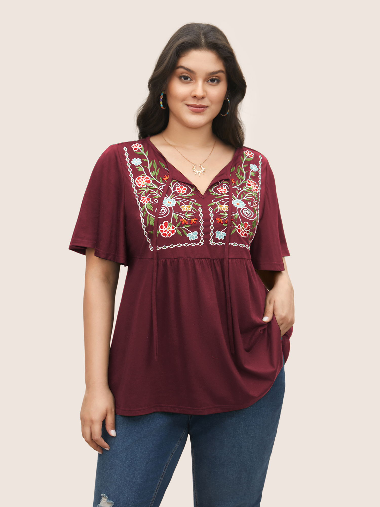 

Floral Embroidered Tie Knot Gathered T-shirt, Burgundy