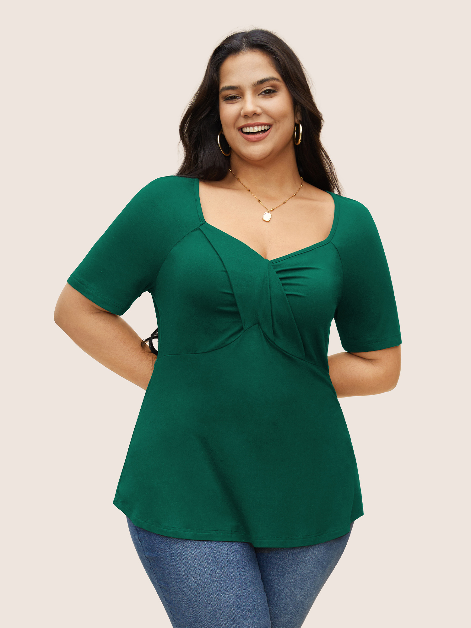 

Plus Size Supersoft Essentials Deep V Neck Ruched T-shirt DarkGreen Women Elegant Twist Deep V-neck Bodycon Everyday T-shirts BloomChic