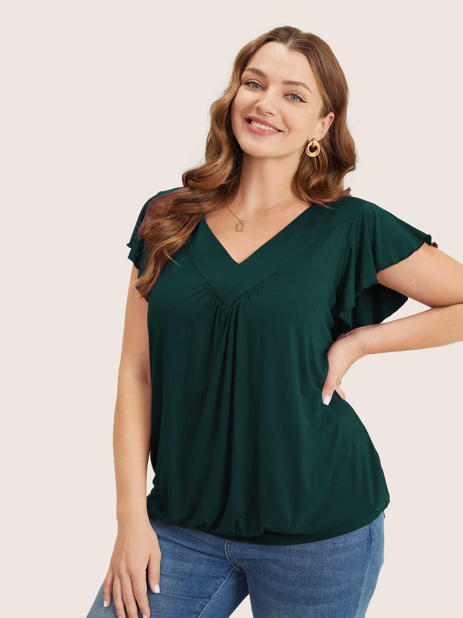 

Plus Size Plain Gathered V Neck Ruffle Sleeve T-shirt DarkGreen V-neck Cap Sleeve Elegant Jersey Tops