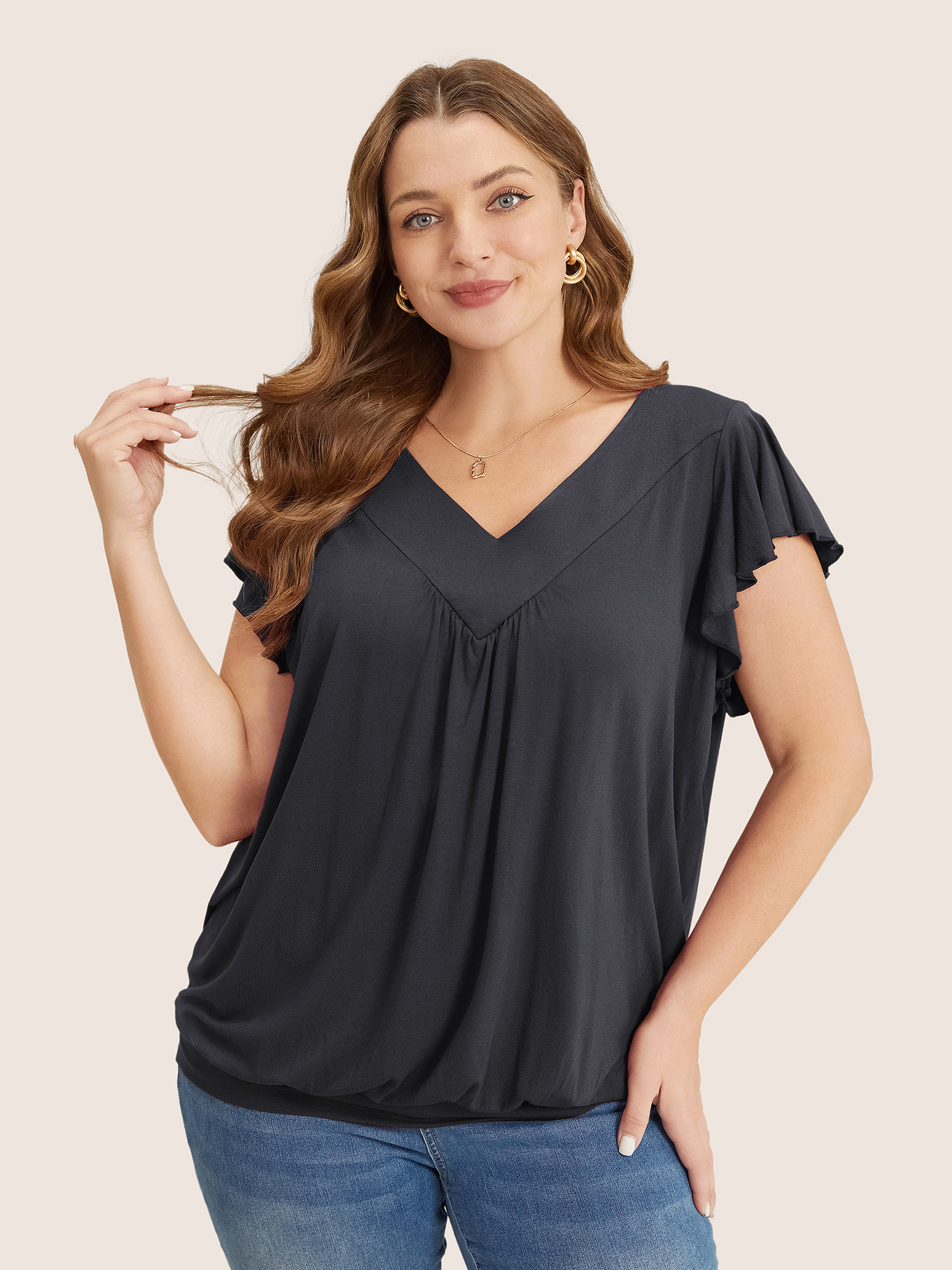 

Plus Size Plain Gathered V Neck Ruffle Sleeve T-shirt DimGray V-neck Cap Sleeve Elegant Jersey Tops