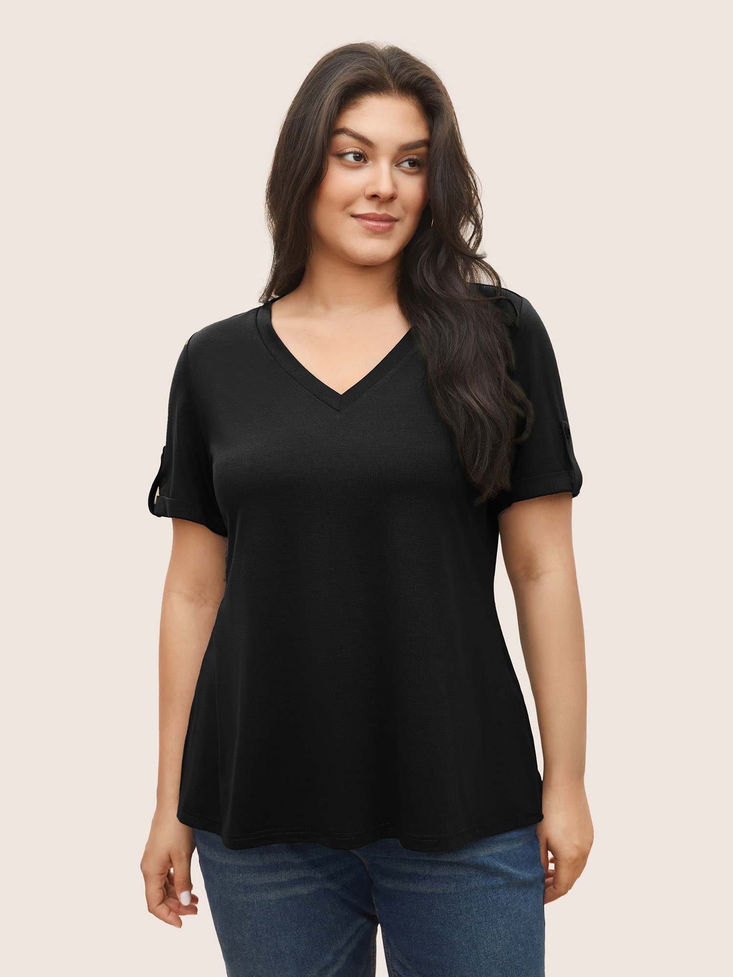 

Plus Size V Neck Solid Tab Sleeve T-shirt Black Women Casual Roll Hem Plain V-neck Everyday T-shirts BloomChic