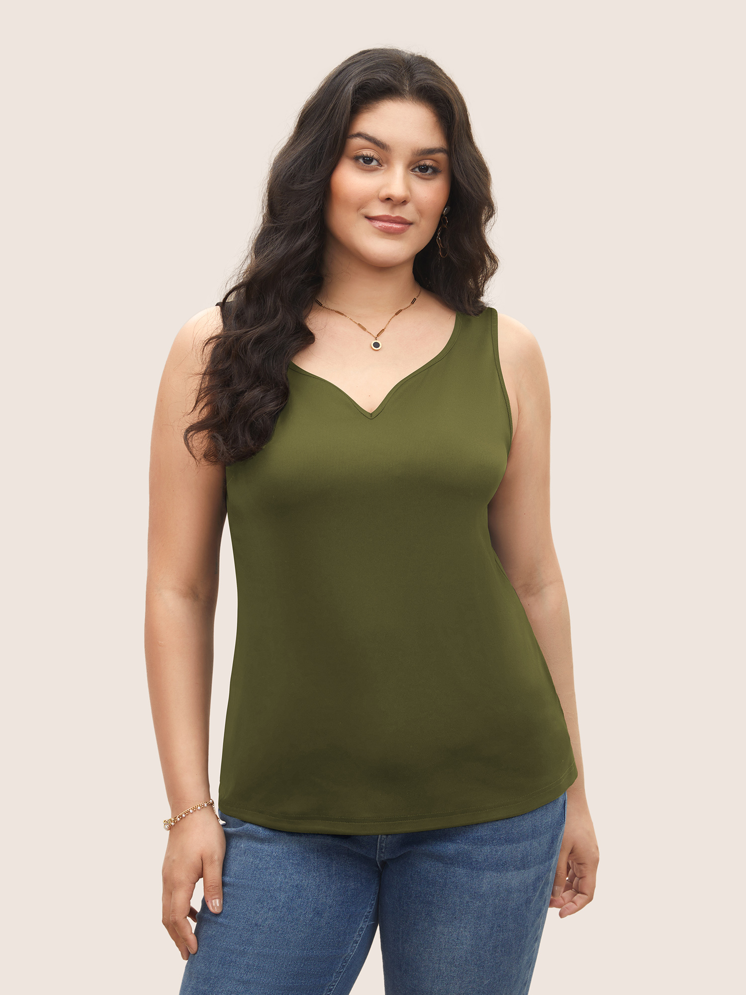 

Plus Size Solid Rib Knit Heart Neckline Tank Top Women ArmyGreen Casual Heart neckline Everyday Tank Tops Camis BloomChic