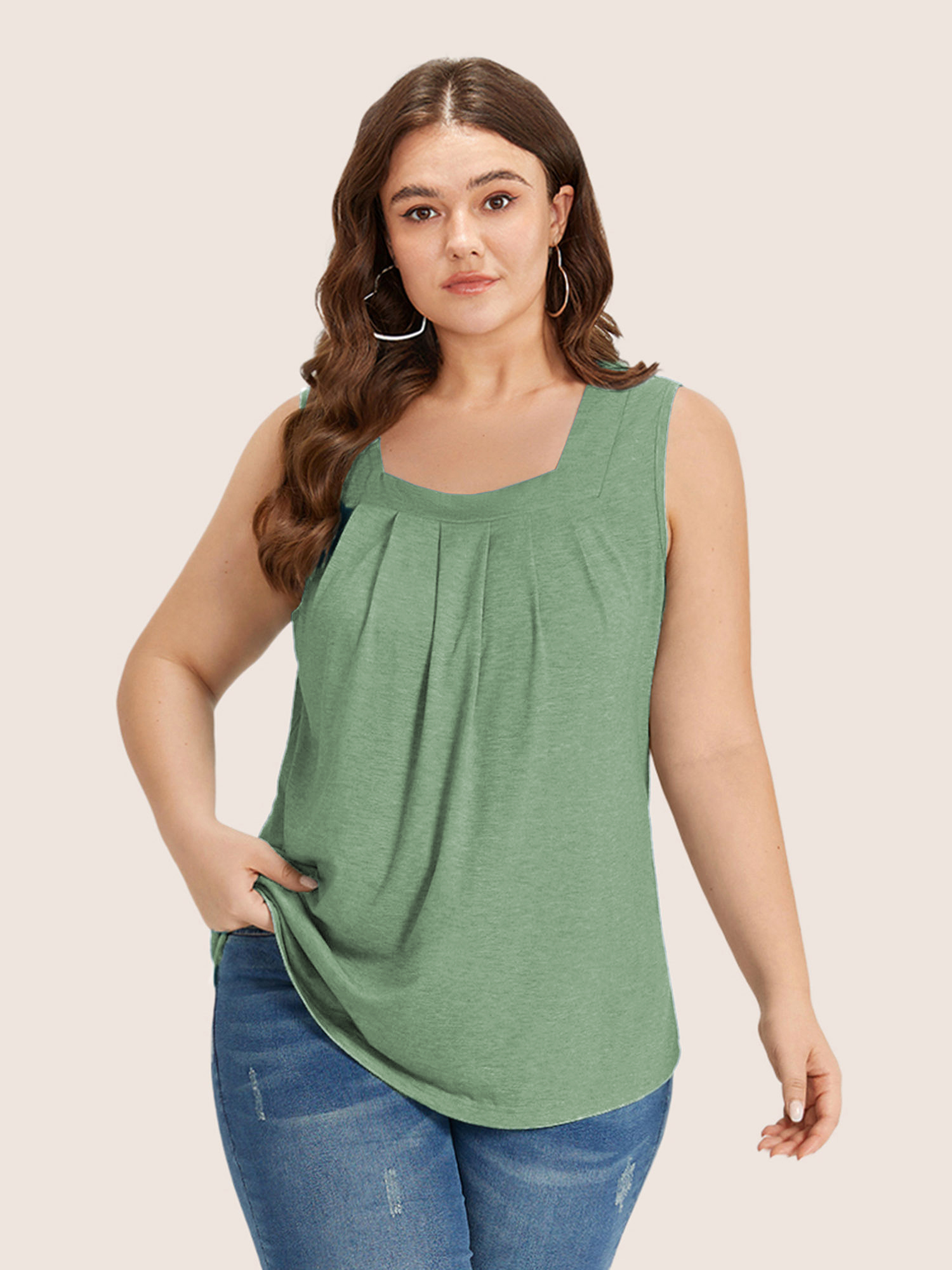 

Plus Size Heather Plicated Detail Square Neck Tank Top Women Palemauve Casual Non U-neck Everyday Tank Tops Camis BloomChic