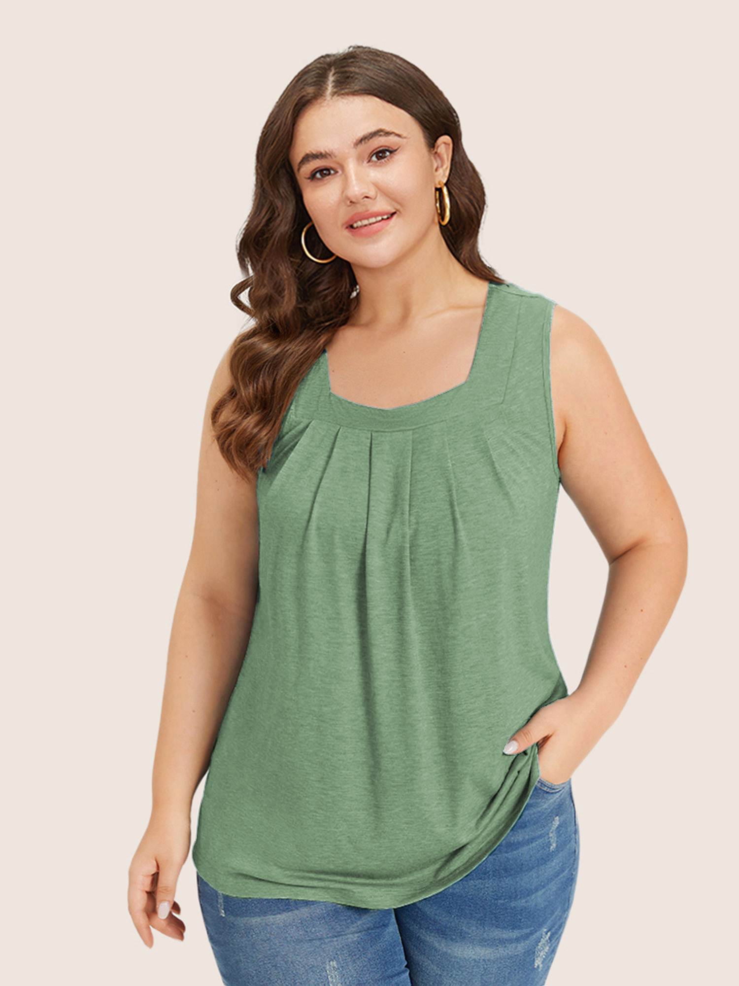 

Plus Size Heather Plicated Detail Square Neck Tank Top Women Palemauve Casual Non U-neck Everyday Tank Tops Camis BloomChic