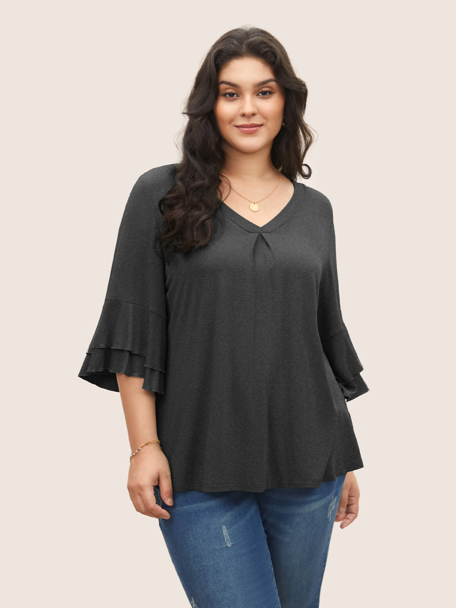 

Supersoft Essentials Ruffle Layered Sleeve Pleated T-shirt, Dimgray