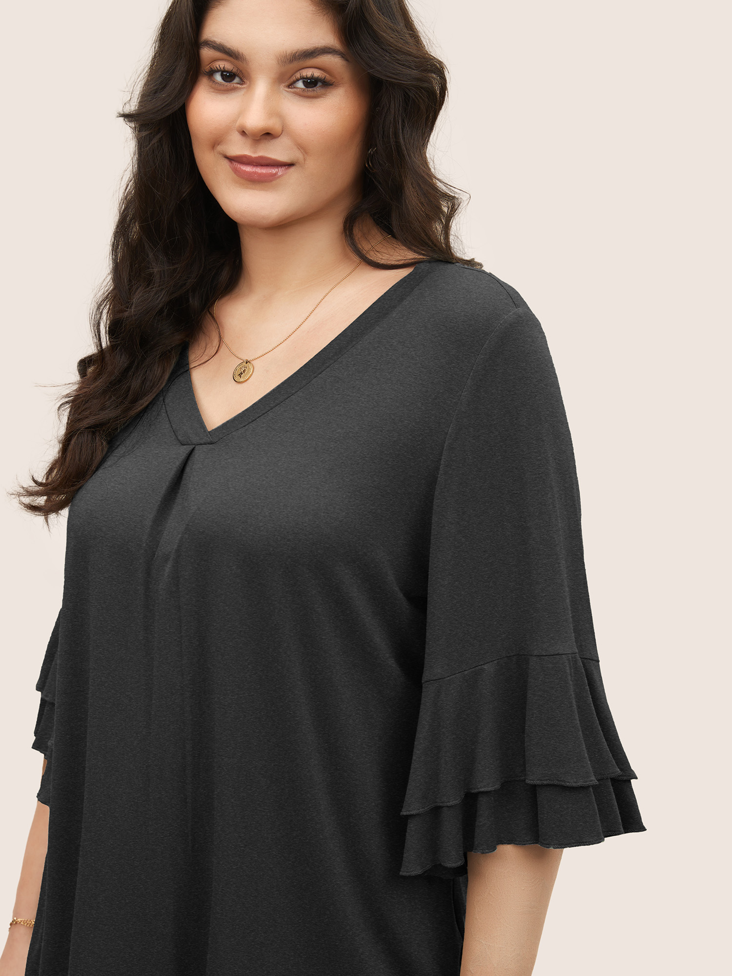 

Plus Size Supersoft Essentials Ruffle Layered Sleeve Pleated T-shirt DimGray Women Elegant Non Plain Non Everyday T-shirts BloomChic