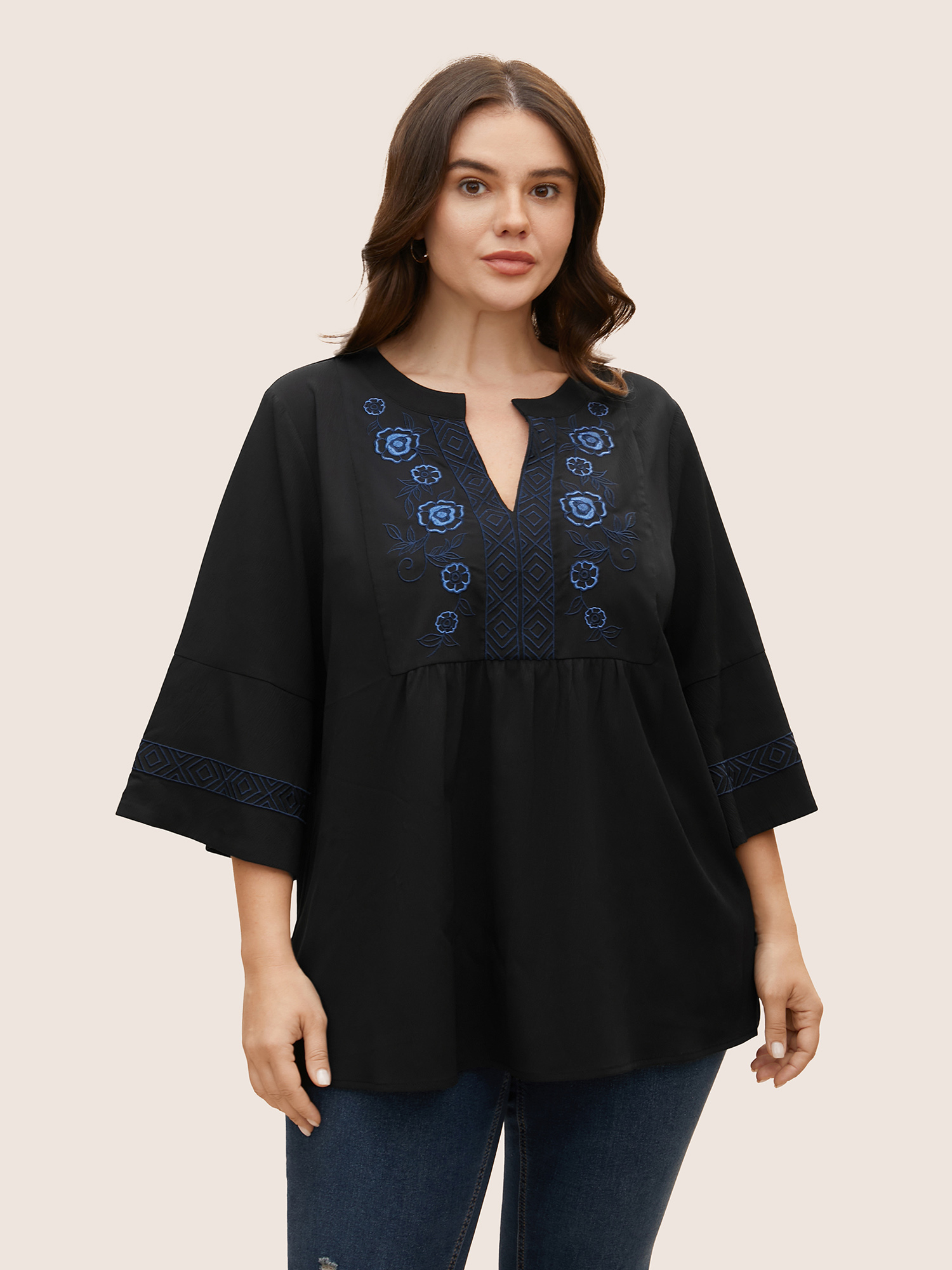 

Plus Size Black Boho Print Embroidered Gathered Notched Blouse Women Resort Half Sleeve Flat collar with V-notch Vacation Blouses BloomChic