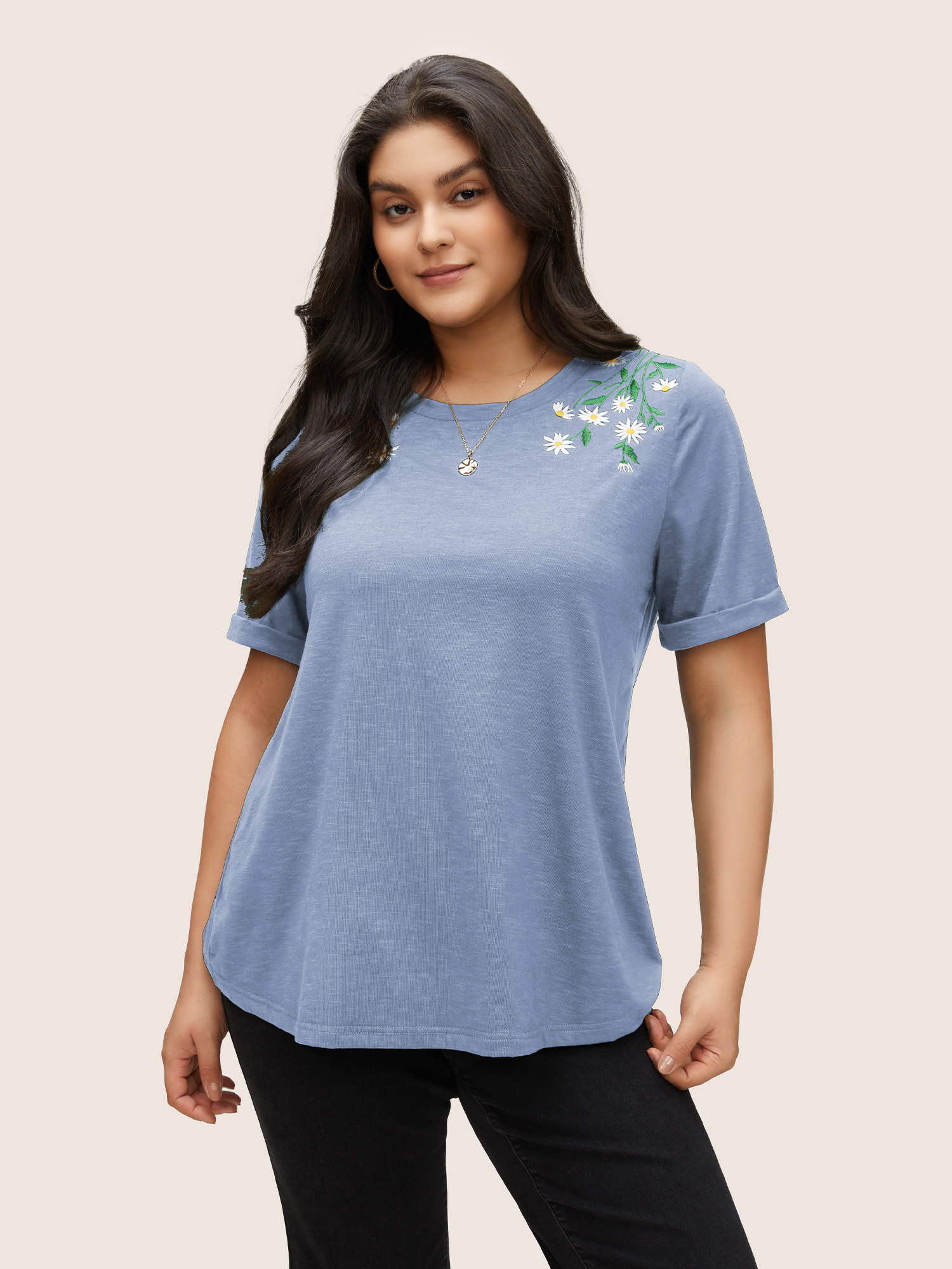 

Plus Size Floral Embroidered Roll Sleeve T-shirt LightBlue Women Elegant Roll Hem Plants Round Neck Everyday T-shirts BloomChic