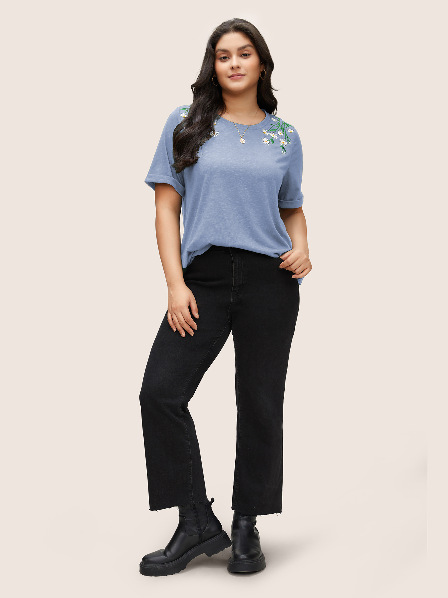 Plus Size Floral Embroidered Roll Sleeve T-shirt LightBlue Women Elegant Roll Hem Plants Round Neck Everyday T-shirts BloomChic 18-20/2X 