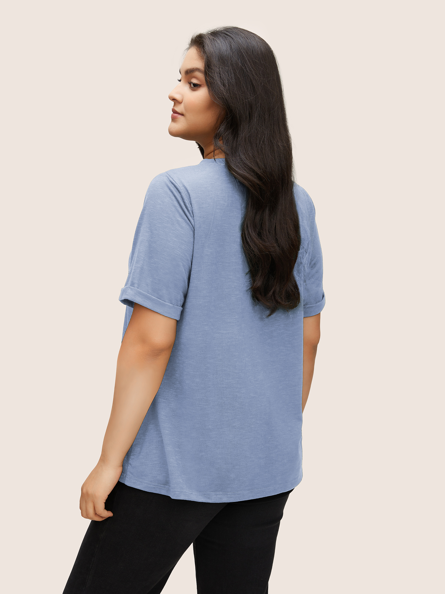 Plus Size Floral Embroidered Roll Sleeve T-shirt LightBlue Women Elegant Roll Hem Plants Round Neck Everyday T-shirts BloomChic 18-20/2X 