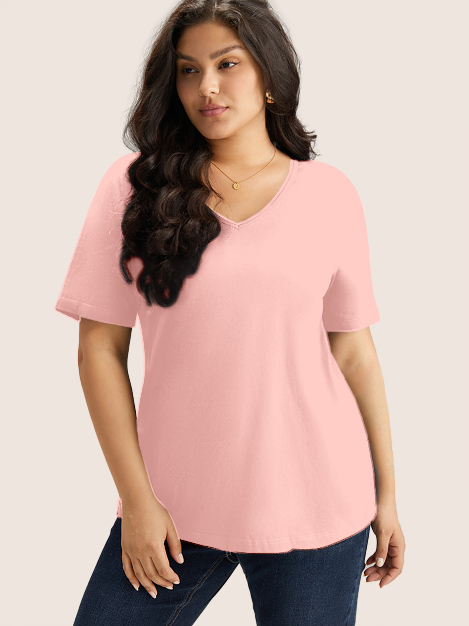 

Plus Size Cotton V Neck Plain Basic T-shirt Lightpink Women Basics Non Plain V-neck Everyday T-shirts BloomChic