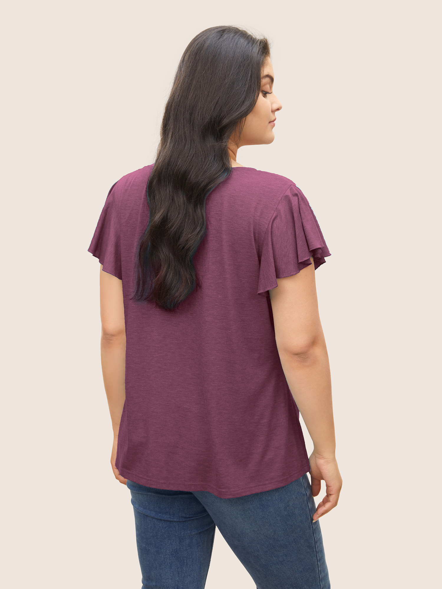 

Plus Size Solid Heather Gathered Ruffle Sleeve T-shirt RedViolet Women Elegant Non V-neck Everyday T-shirts BloomChic