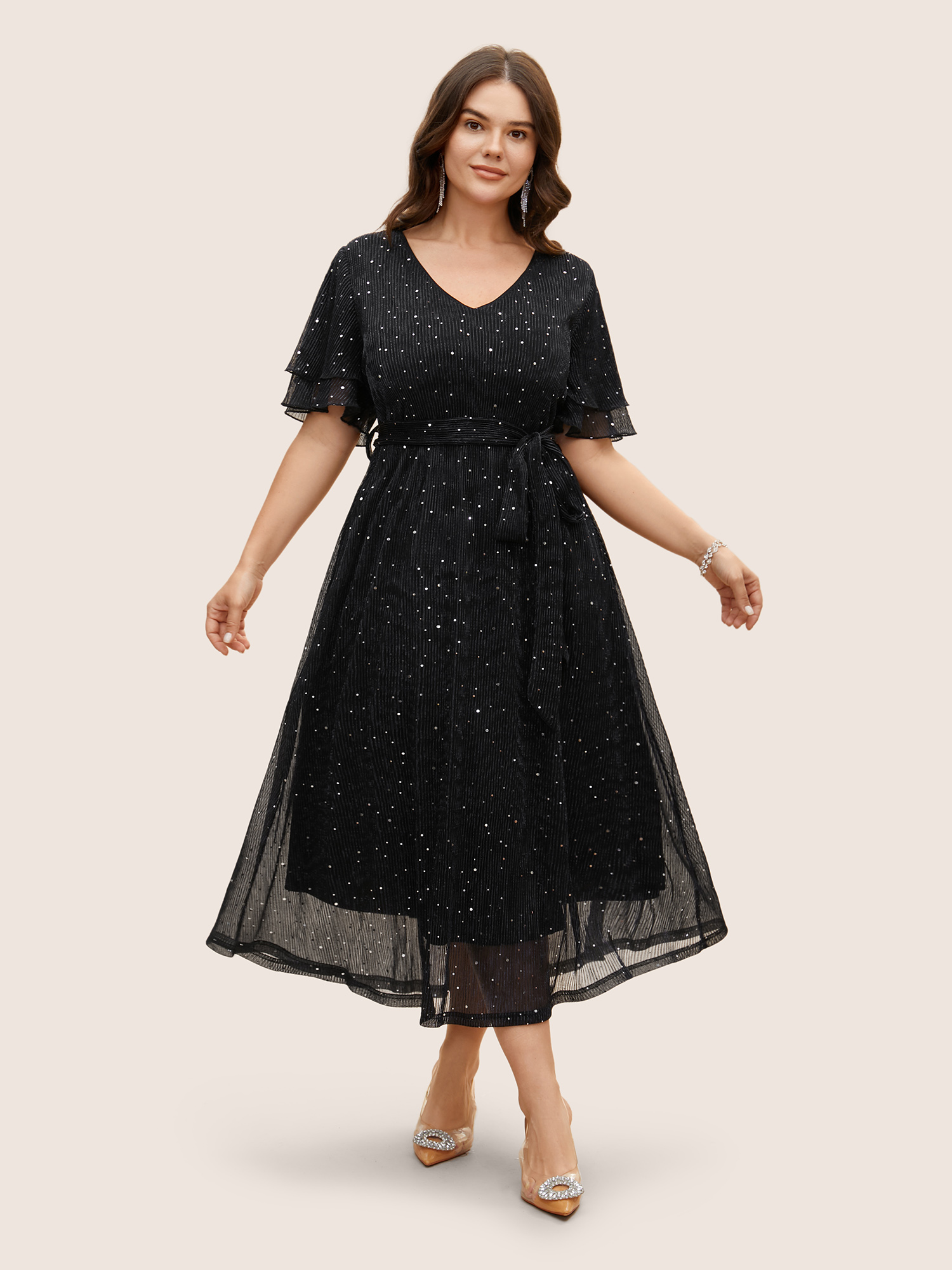 

Plus Size Plain V Neck Mesh Pocket Ruffle Tiered Belted Midi Dress Black Women Ruffles V-neck Short sleeve Curvy Midi Dress BloomChic