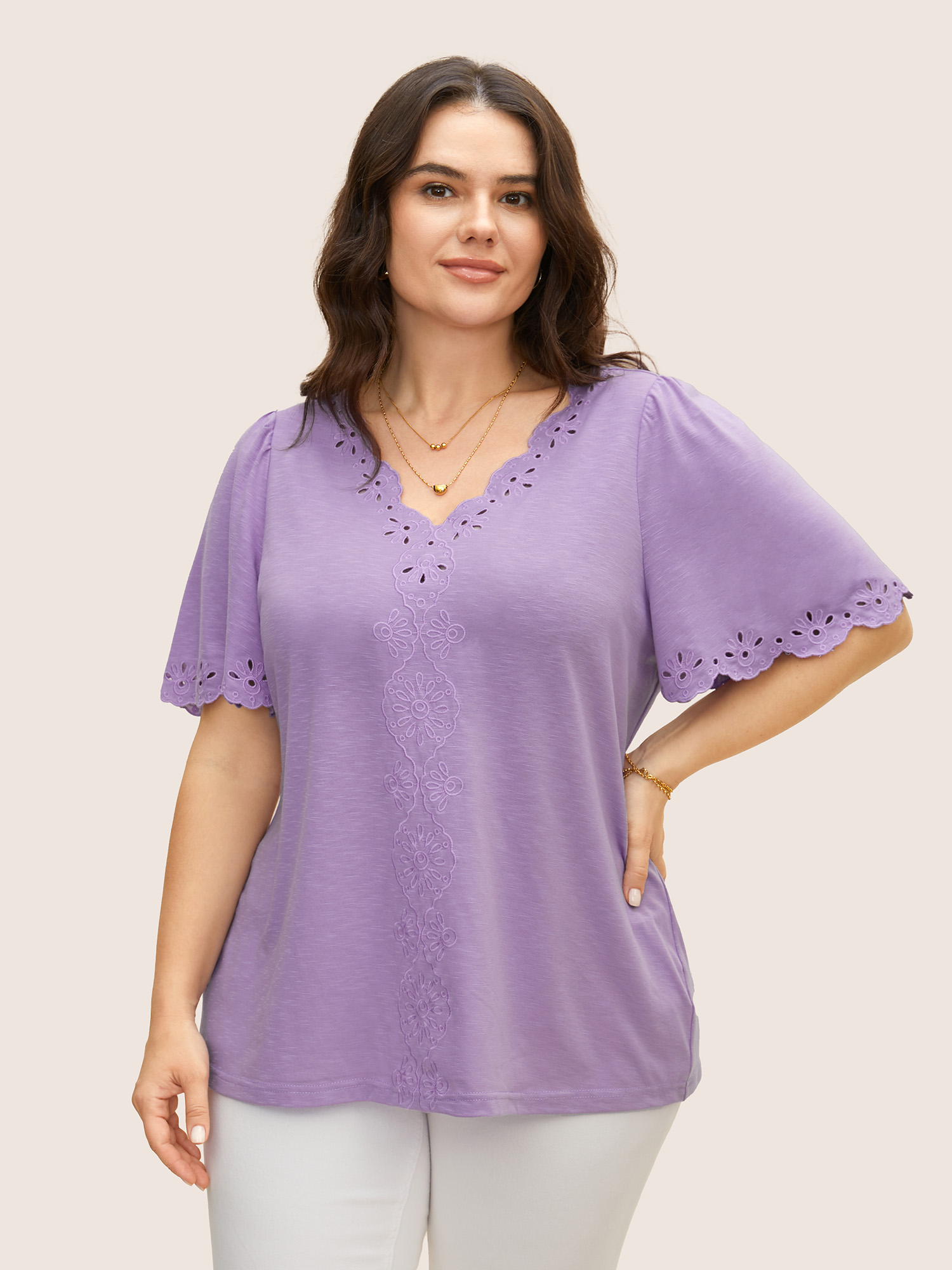 

Plain Broderie Anglaise Flutter Sleeve T-shirt, Lilac