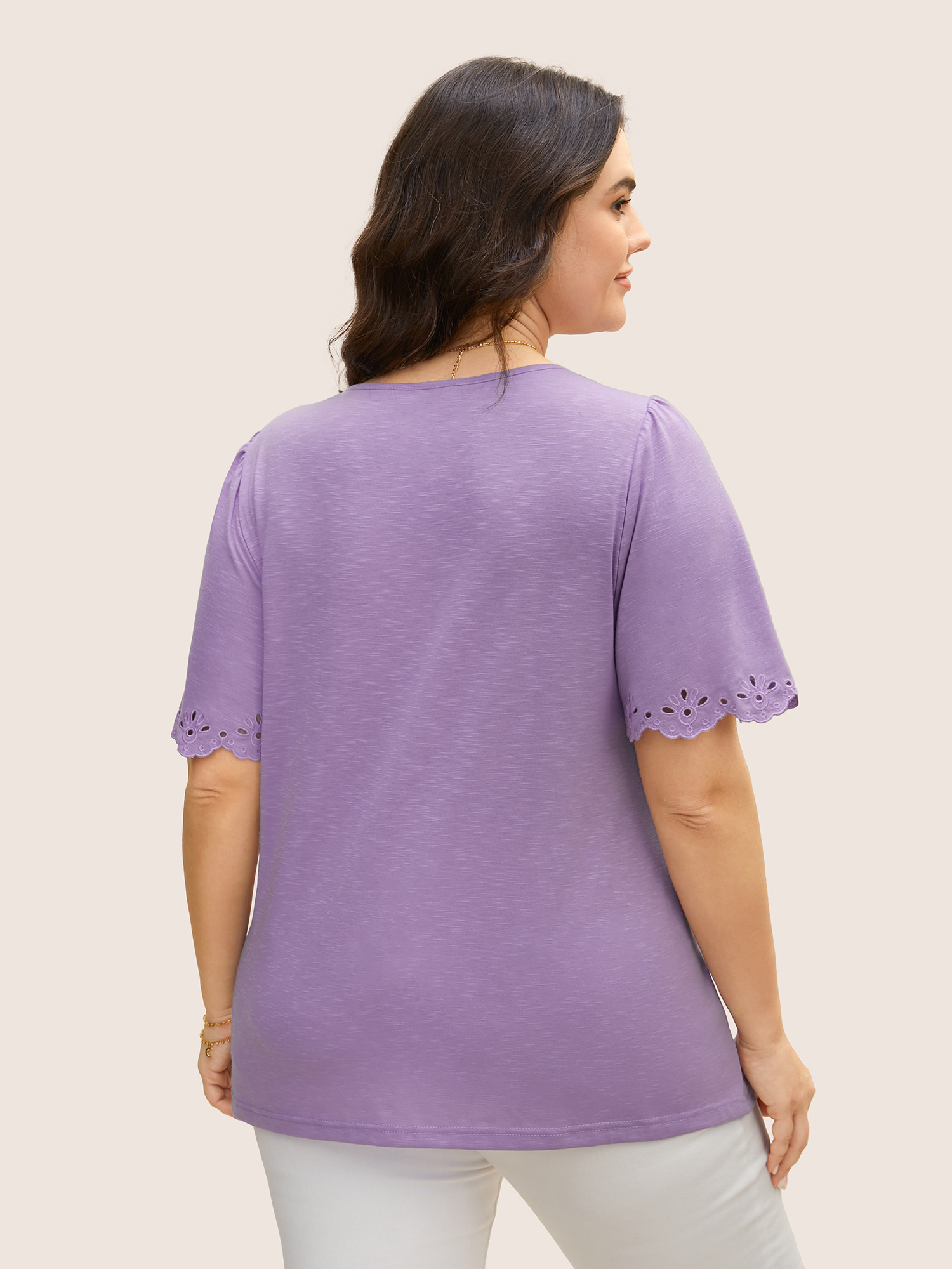 

Plus Size Plain Broderie Anglaise Flutter Sleeve T-shirt Lilac Women Elegant Cut-Out V-neck Everyday T-shirts BloomChic
