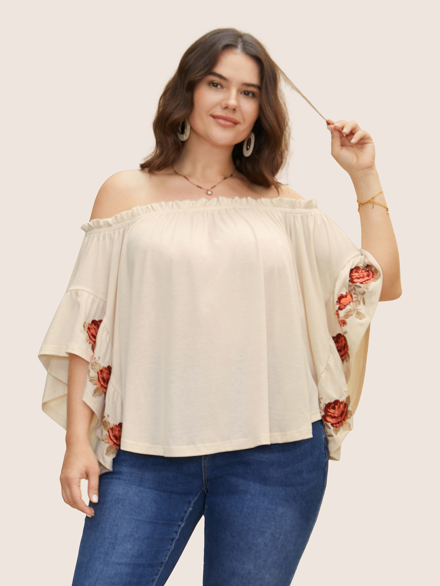 

Plus Size Off Shoulder Floral Embroidered Ruffle Sleeve T-shirt Beige Women Elegant Contrast Natural Flowers One-shoulder neck Everyday T-shirts BloomChic