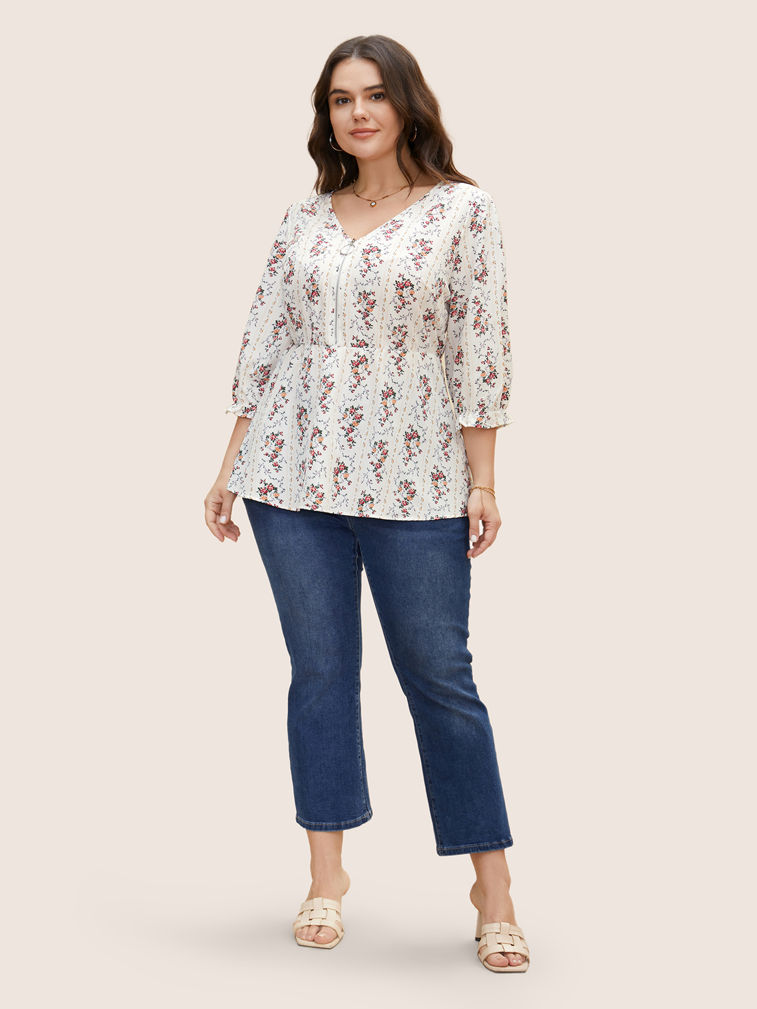 Plus Size Originalwhite Boho Print O Ring Zipper Lantern Sleeve Blouse Women Elegant Elbow-length sleeve V-neck Everyday Blouses BloomChic 10/M 