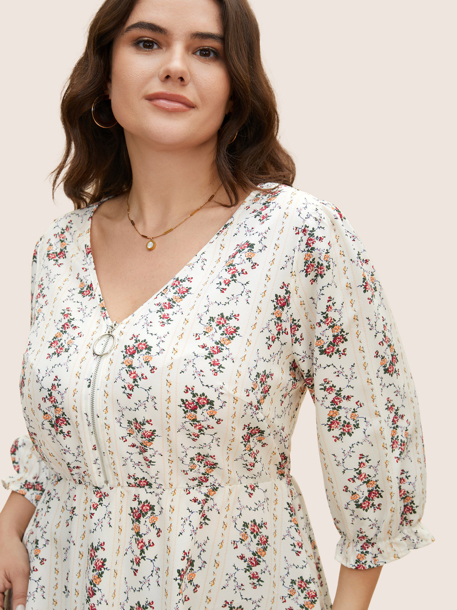 Plus Size Originalwhite Boho Print O Ring Zipper Lantern Sleeve Blouse Women Elegant Elbow-length sleeve V-neck Everyday Blouses BloomChic 10/M 