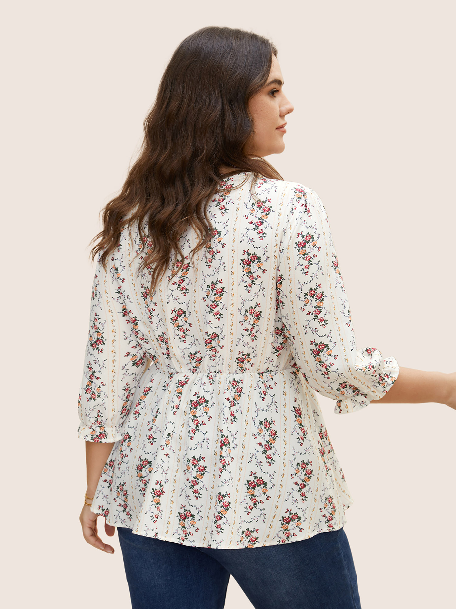 Plus Size Originalwhite Boho Print O Ring Zipper Lantern Sleeve Blouse Women Elegant Elbow-length sleeve V-neck Everyday Blouses BloomChic 10/M 